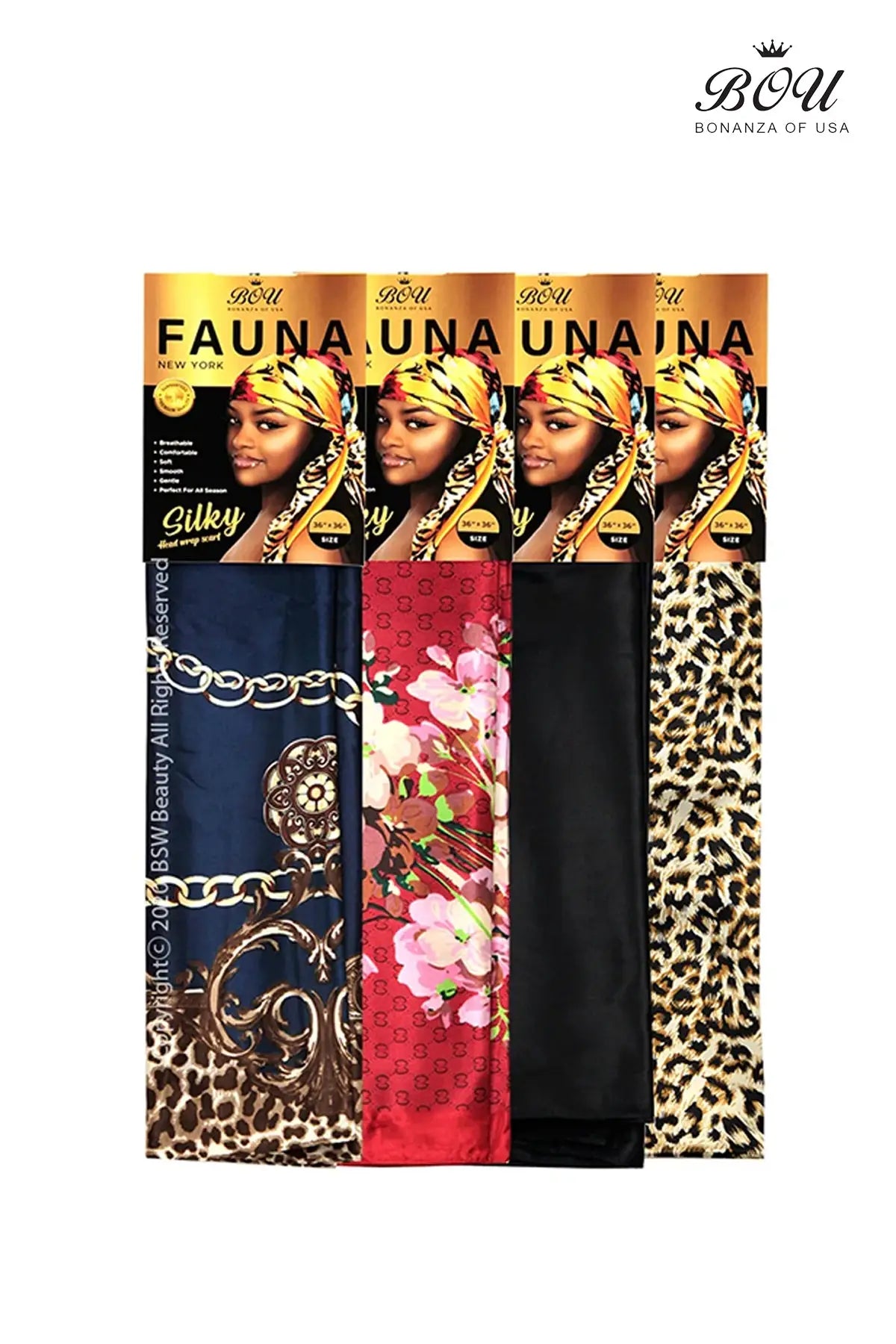 BOU FAUNA NEW YORK SILKY HEAD WRAP SCARF 36" X 36"- 10 TYPE - BSW BEAUTY CANADA