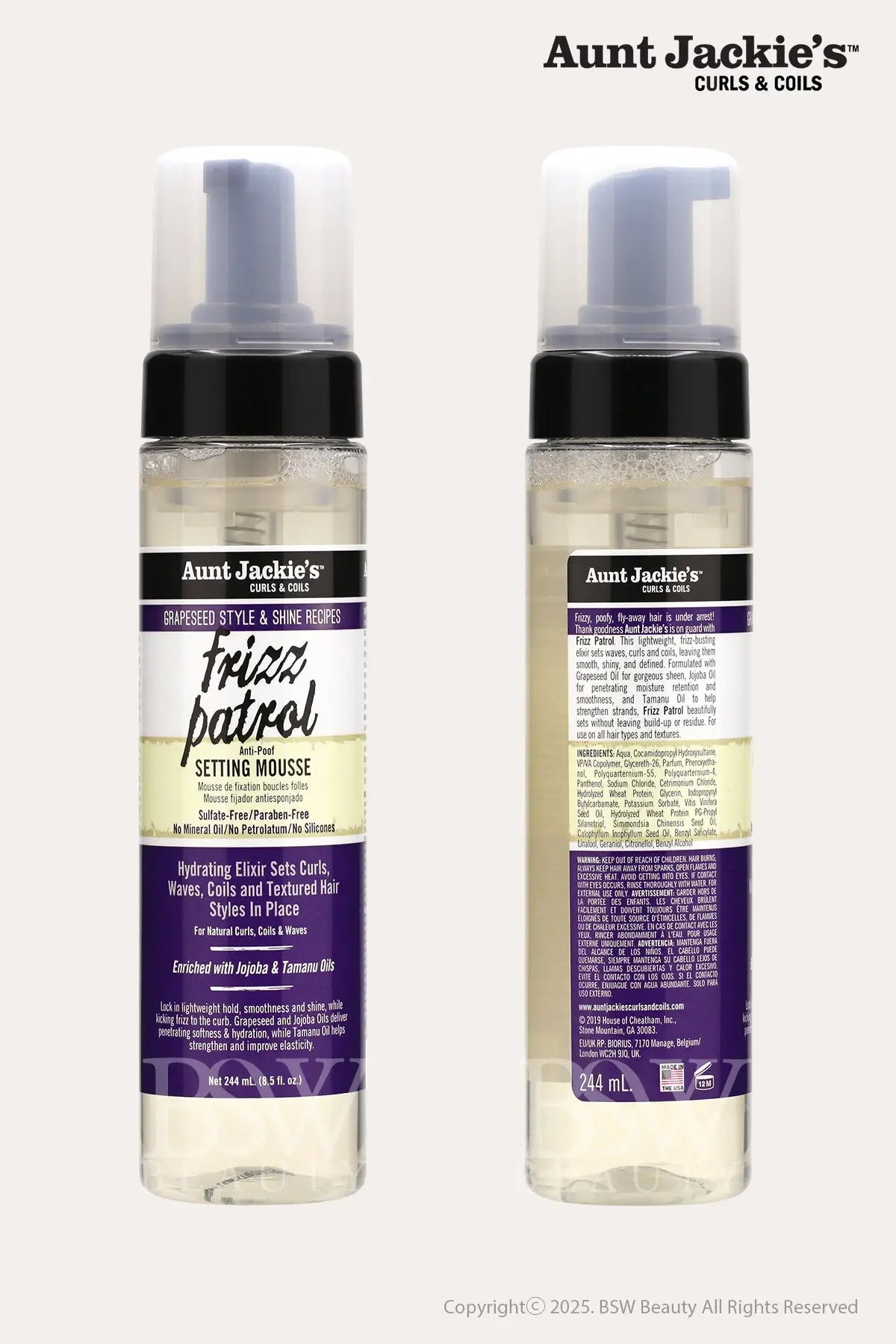 AUNT JACKIE'S GRAPESEED STYLE & SHINE RECIPES FRIZZ PATROL SETTING MOUSSE 8oz - BSW BEAUTY CANADA