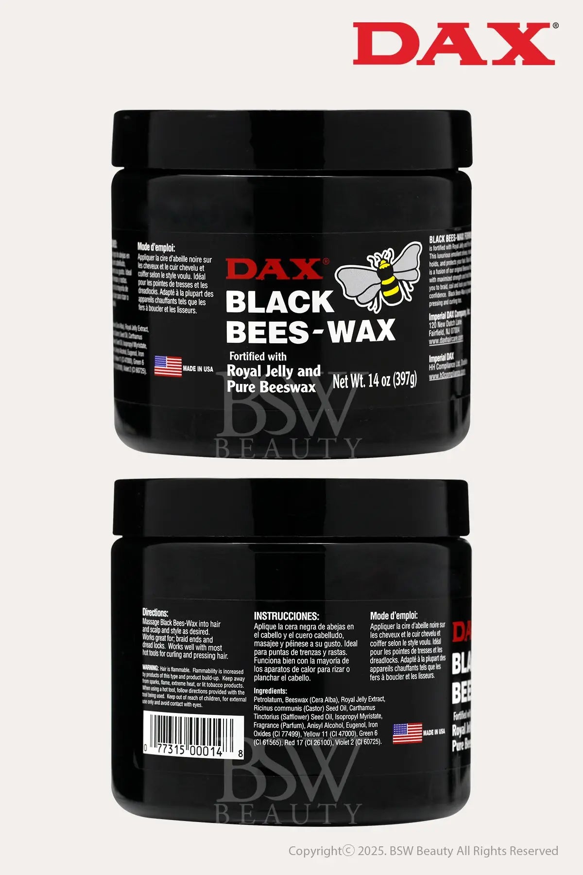 DAX BLACK BEES-WAX  FORTIFIED WITH ROYAL JELLY AND PURE BEESWAX 14oz - BSW BEAUTY CANADA