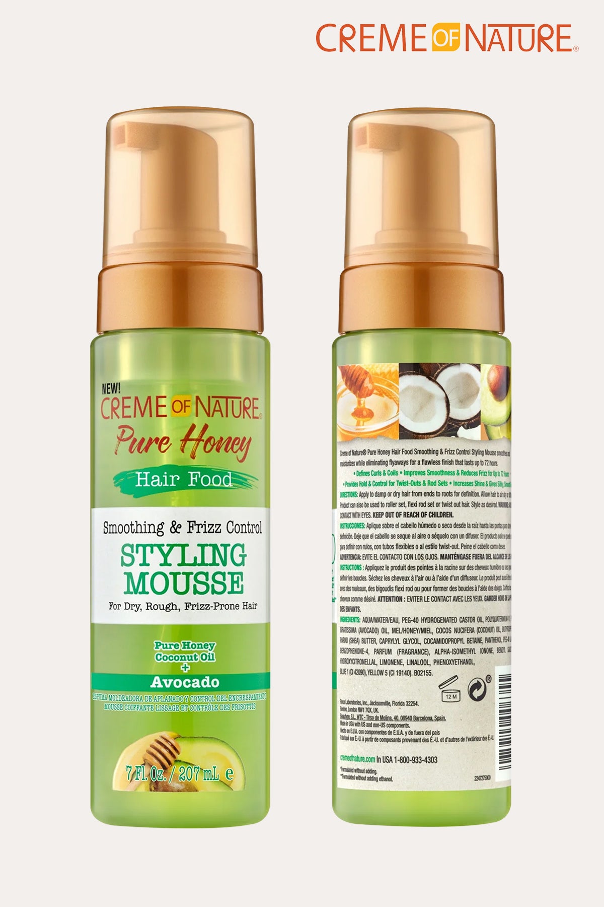 CREME OF NATURE PURE HONEY HAIR FOOD SMOOTHING & FRIZZ CONTROL STYLING MOUSSE AVOCADO 7oz - BSW BEAUTY CANADA