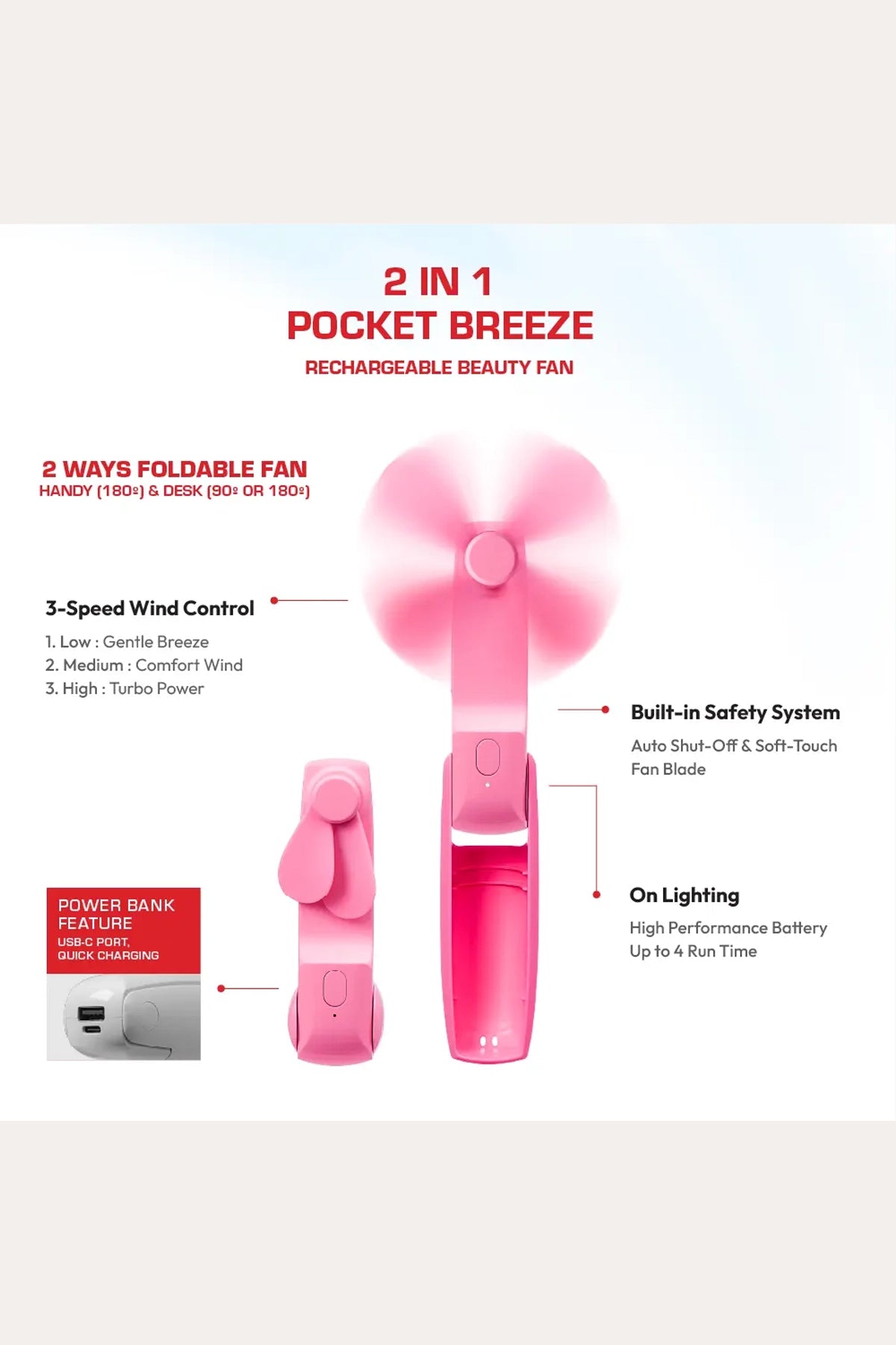 VENTILATEUR DE BEAUTÉ DE POCHE 2 EN 1 BREEZE ROUGE