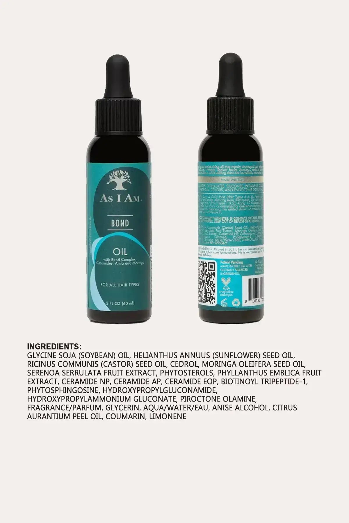 Full ingredients list of As I Am Bond Oil featuring Soybean Oil, Castor Oil, and Moringa, free from sulfates and silicones.
