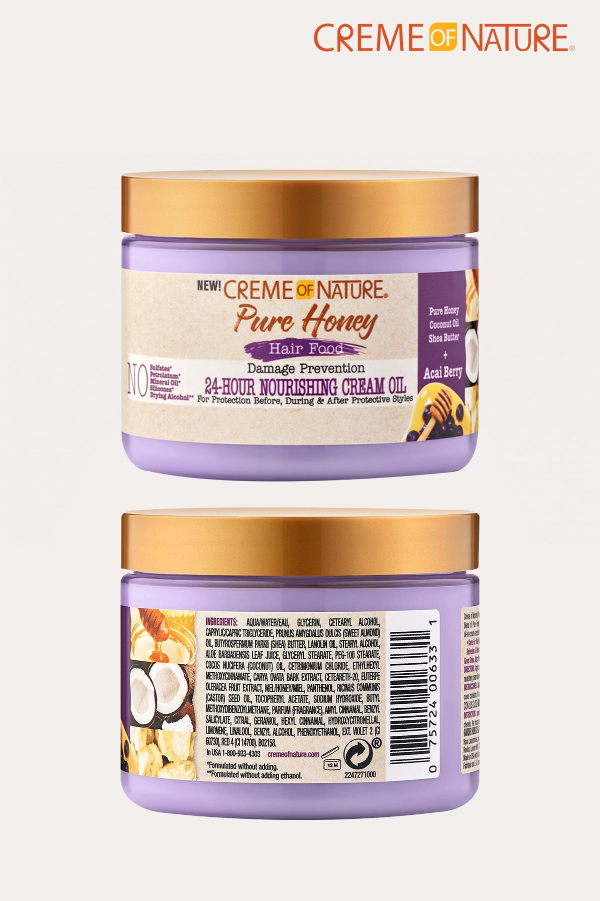 CREME OF NATURE PURE HONEY HAIR FOOD DAMAGE PREVENTION 24-HOUR NOURISHING CREAM OIL ACAI BERRY 4.7oz - BSW BEAUTY CANADA