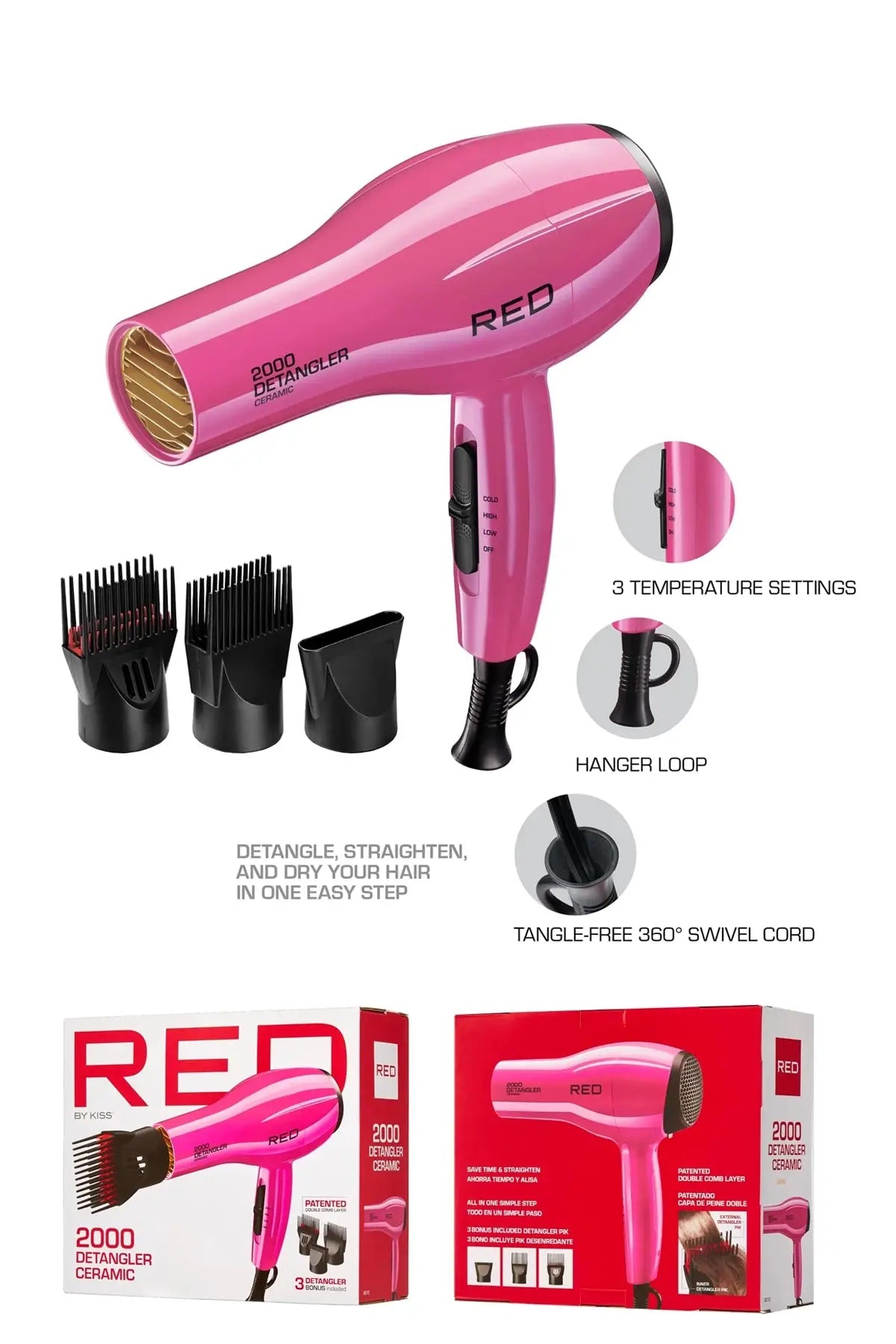 RED BY KISS 2000 CERAMIC DETANGLER DRYER RED BEAUTY