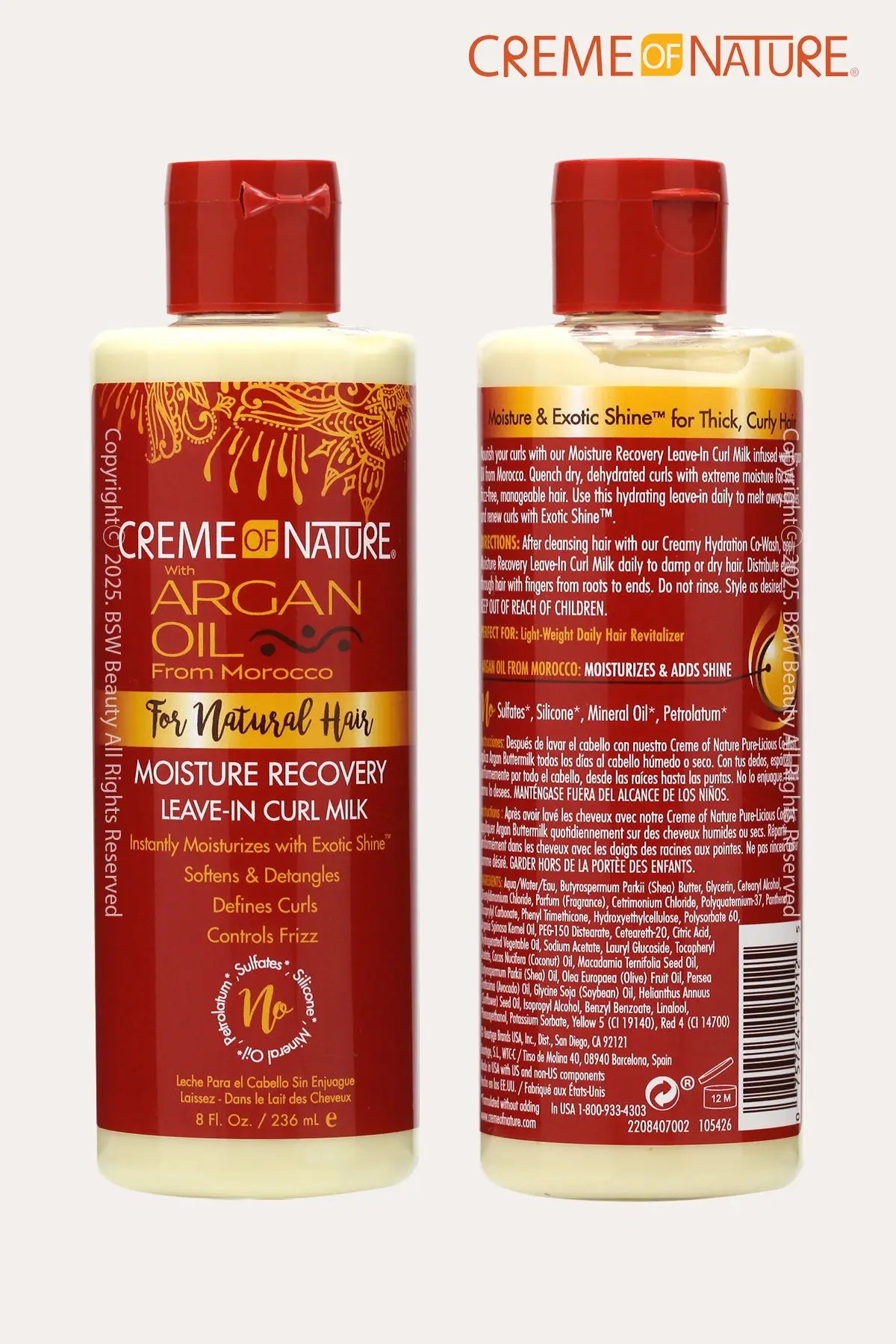 CREME OF NATURE ARGAN OIL FOR NATURAL HAIR MOISTURE RECOVERY LEAVE IN CURL MILK 8oz - BSW BEAUTY CANADA