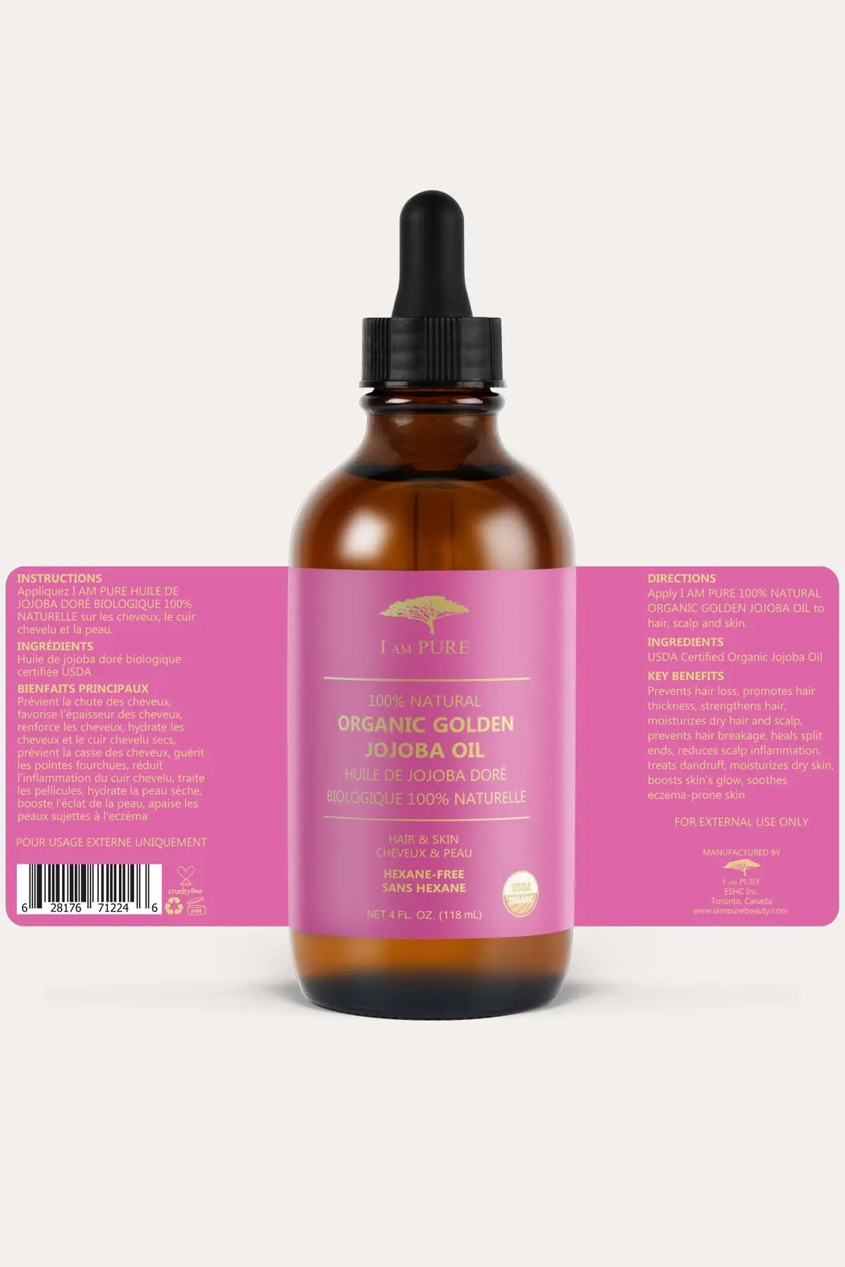 I AM PURE 100% NATURAL ORGANIC GOLDEN JOJOBA OIL 4oz I AM PURE