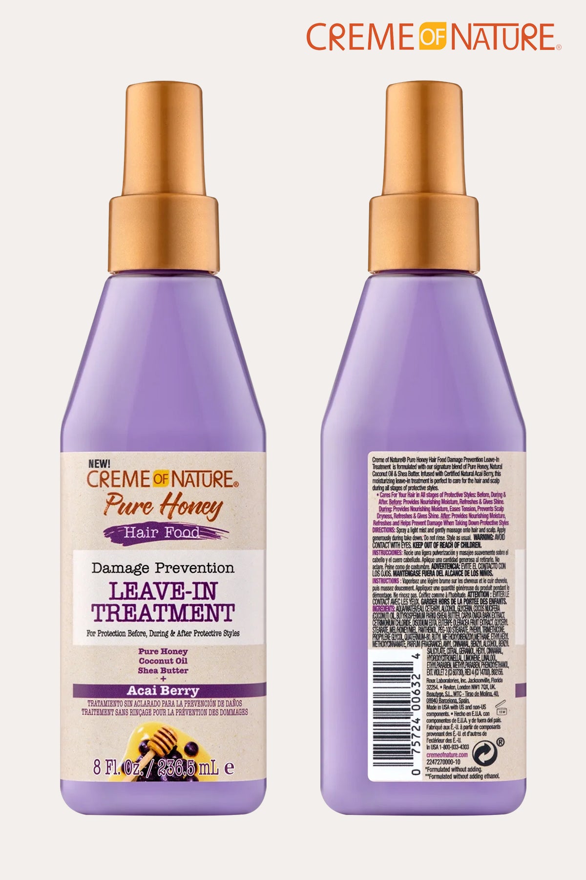 CREME OF NATURE PURE HONEY HAIR FOOD DAMAGE PREVENTION LEAVE-IN TREATMENT ACAI BERRY 8oz - BSW BEAUTY CANADA