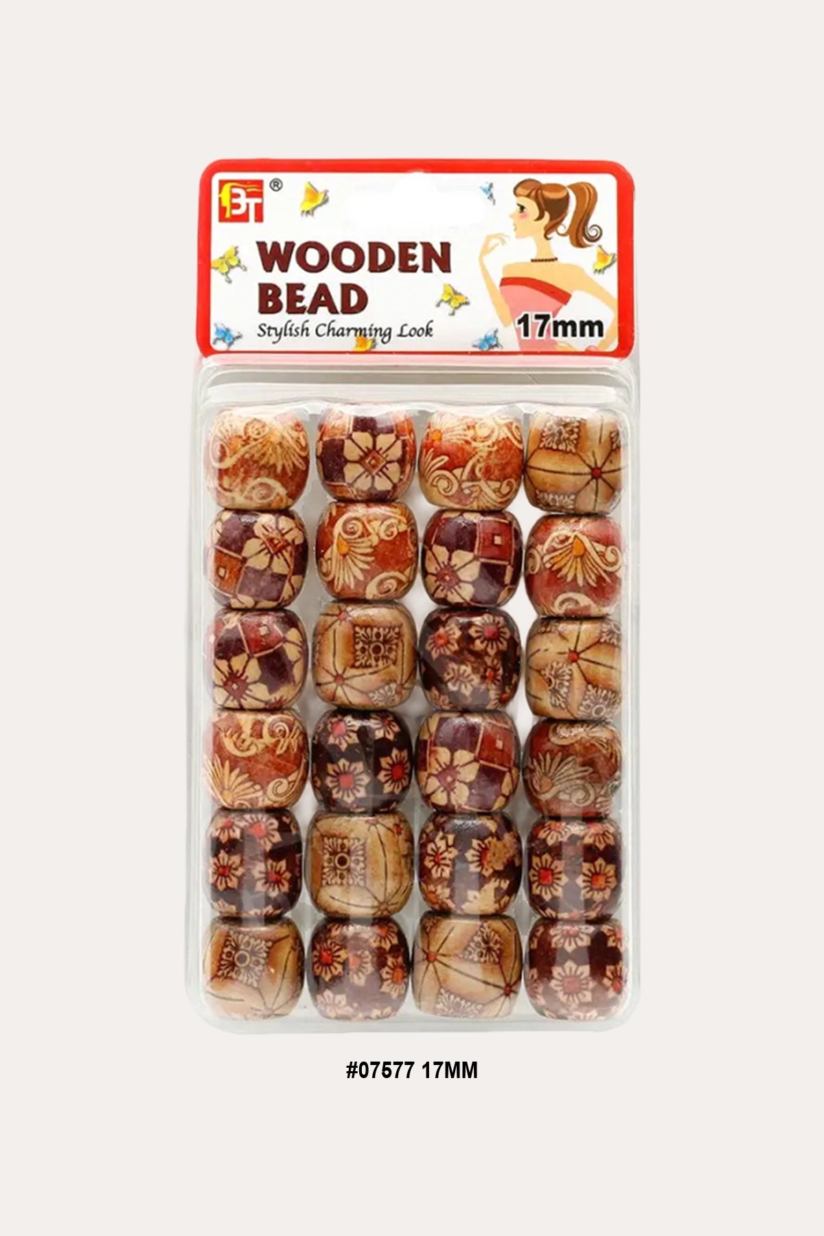 BEAUTY TOWN WOODEN BEADS 17mm PATTERN PPRINTED