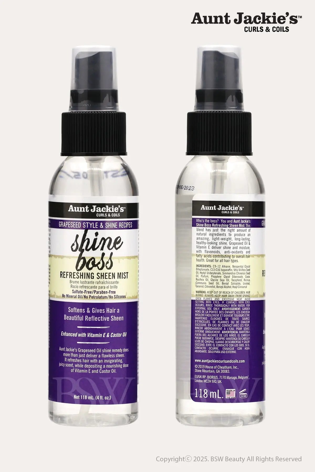 AUNT JACKIE'S GRAPESEED STYLE & SHINE RECIPES SHINE BOSS REFRESHING SHEEN MIST 4oz - BSW BEAUTY CANADA