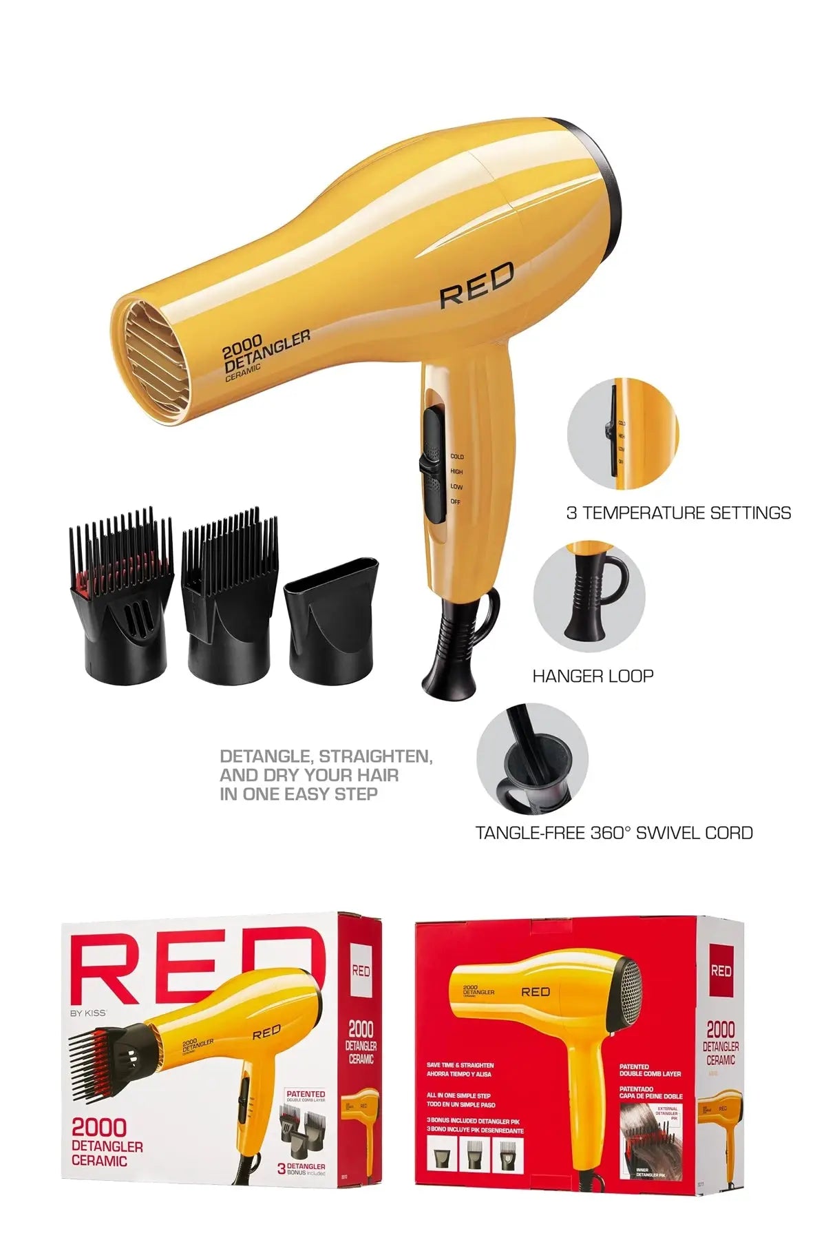 RED BY KISS 2000 CERAMIC DETANGLER DRYER RED BEAUTY