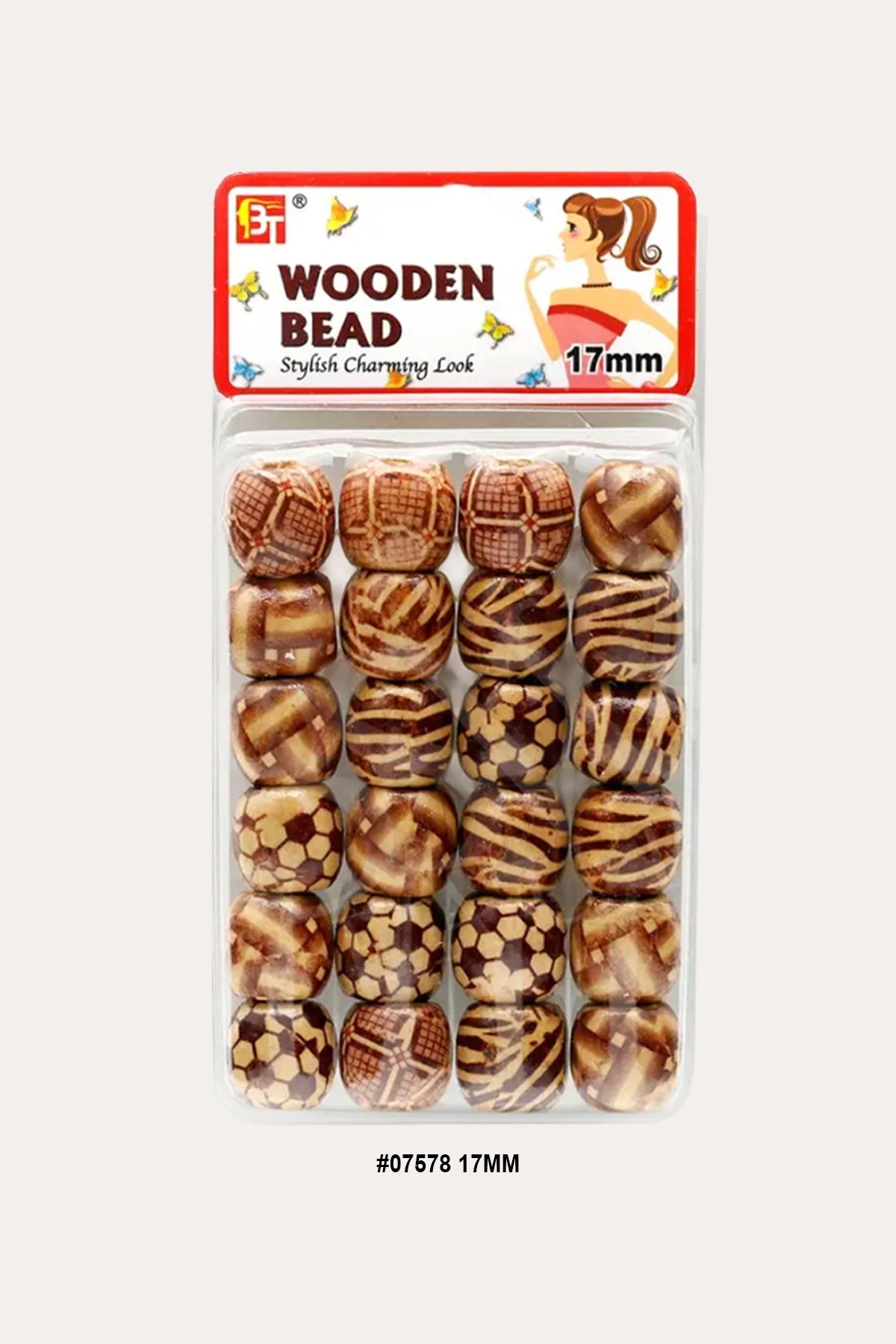 BEAUTY TOWN WOODEN BEADS 17mm PATTERN PPRINTED
