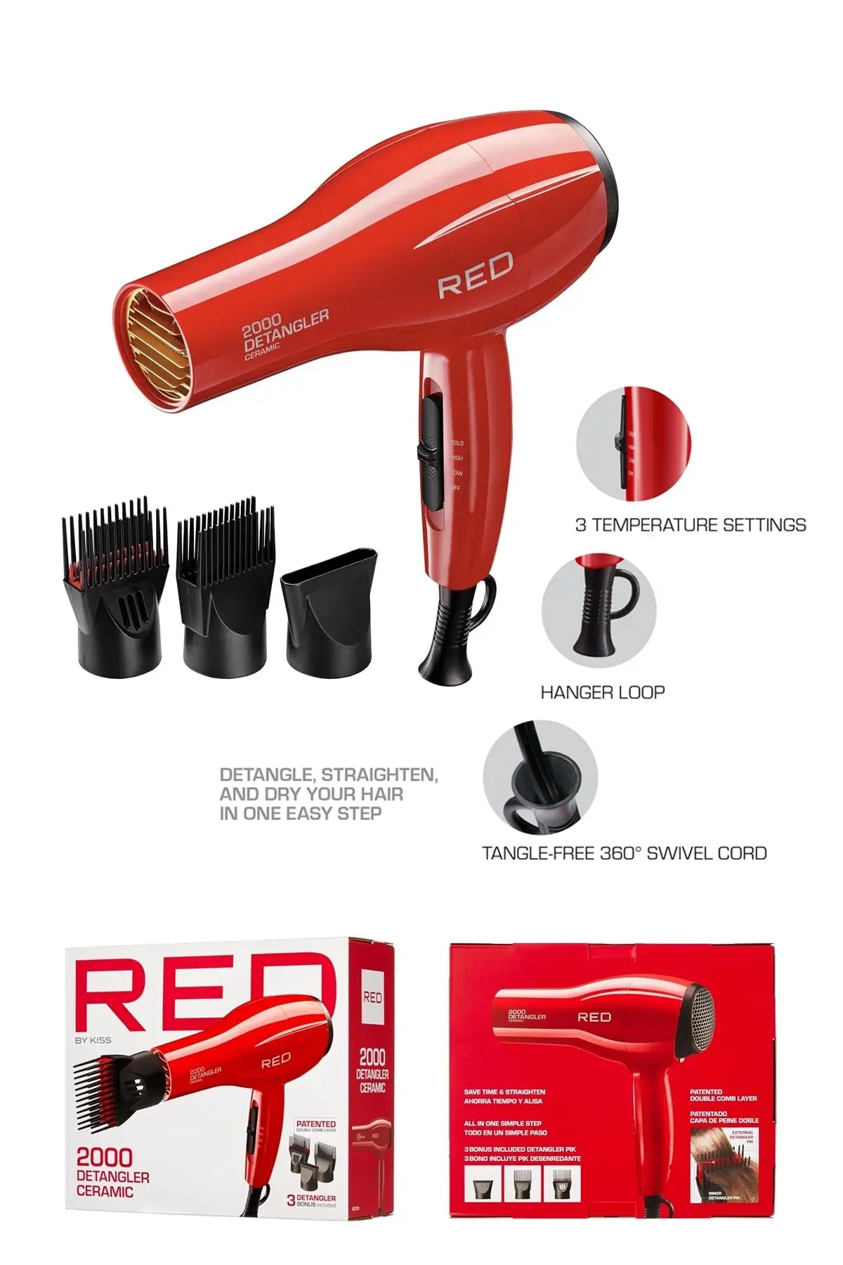 RED BY KISS 2000 CERAMIC DETANGLER DRYER RED BEAUTY