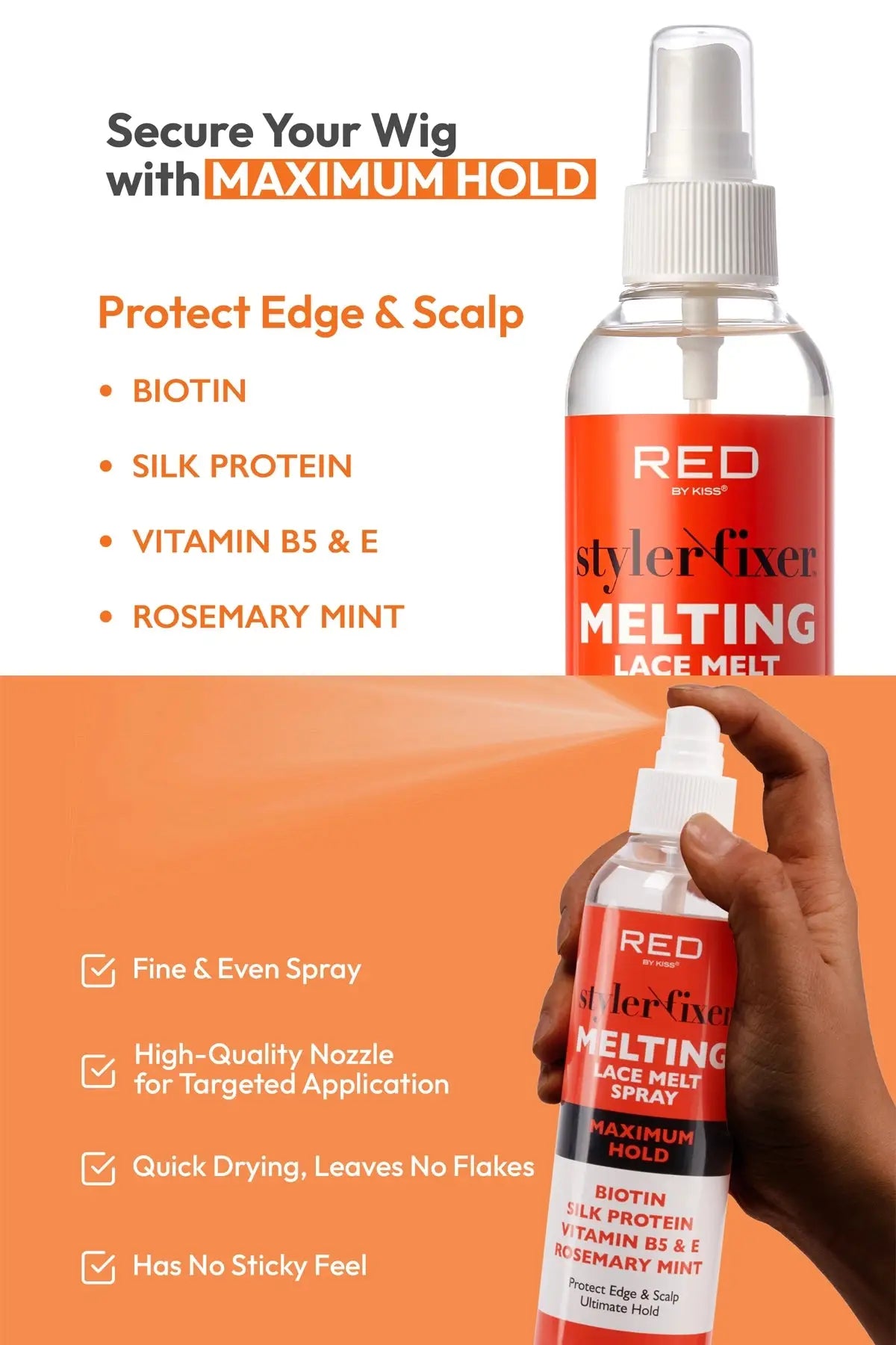 RED BY KISS STYLER FIXER MELTING LACE MELT SPRAY -3 HOLD LEVELS RED BEAUTY