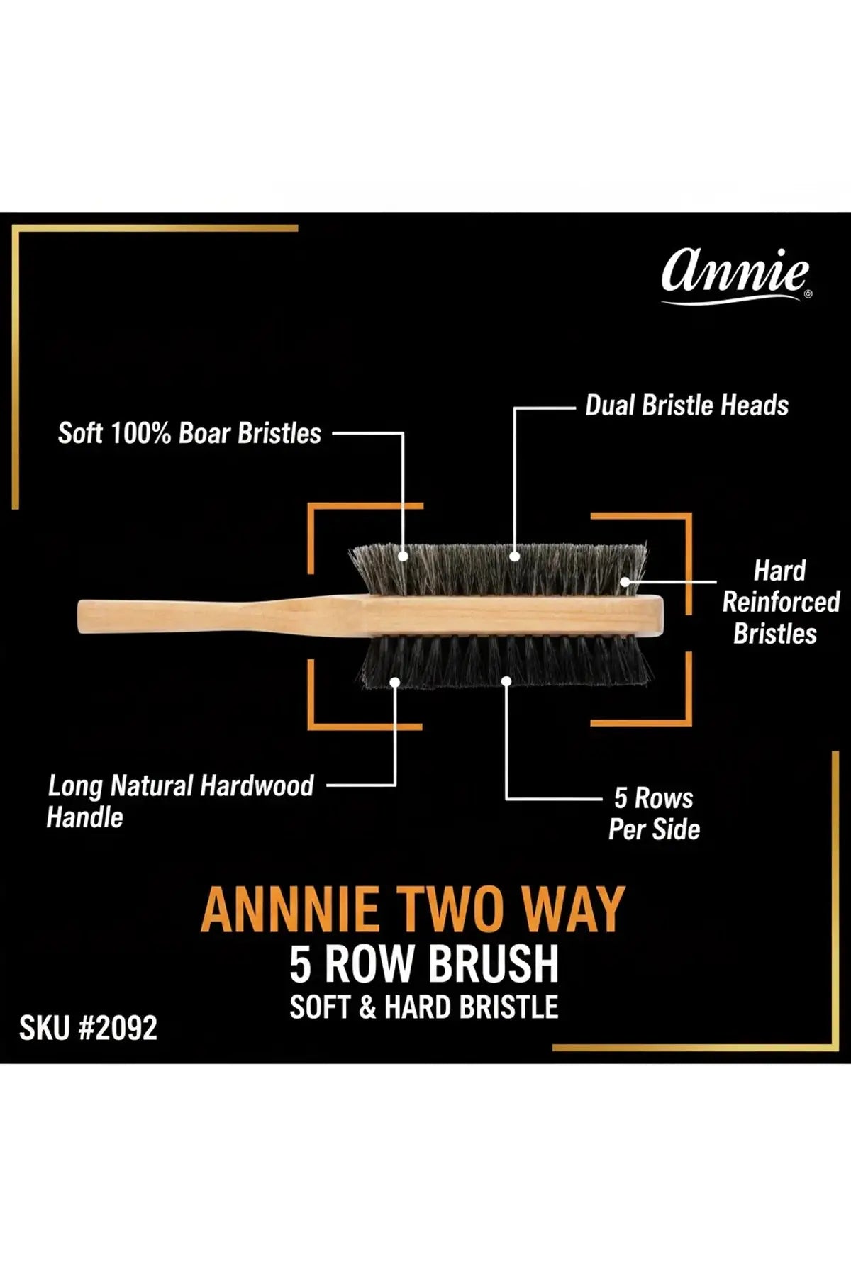 ANNIE TWO-WAY 5 ROW SOFT AND HARD BRISTLE WOODEN BRUSH #2092 ANNIE
