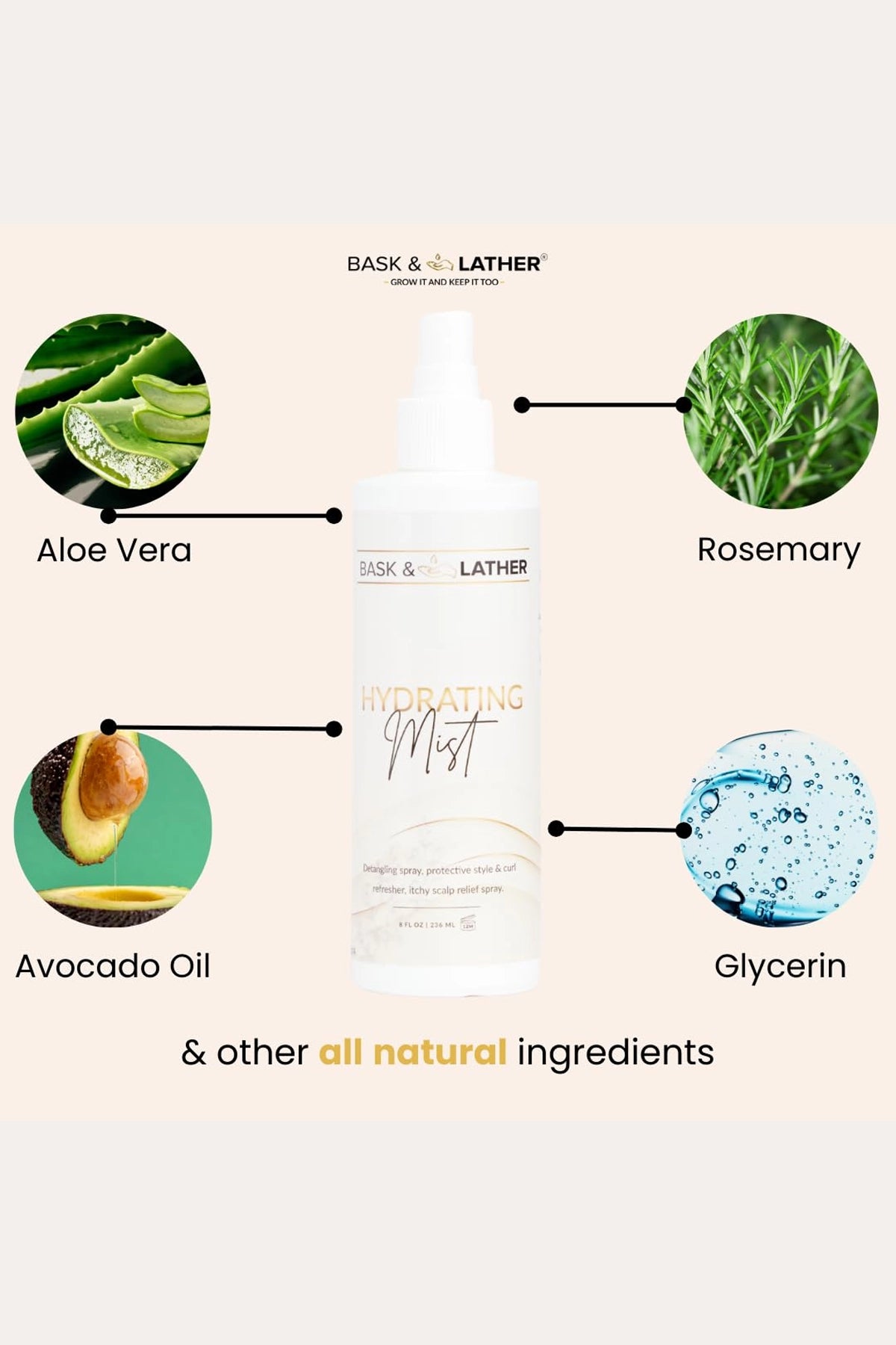 BASK & LATHER HYDRATING HAIR MIST 8oz