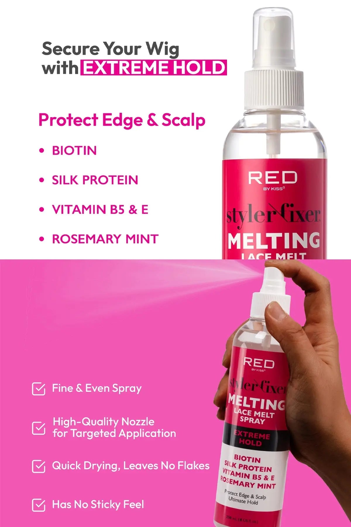 RED BY KISS STYLER FIXER MELTING LACE MELT SPRAY -3 HOLD LEVELS RED BEAUTY