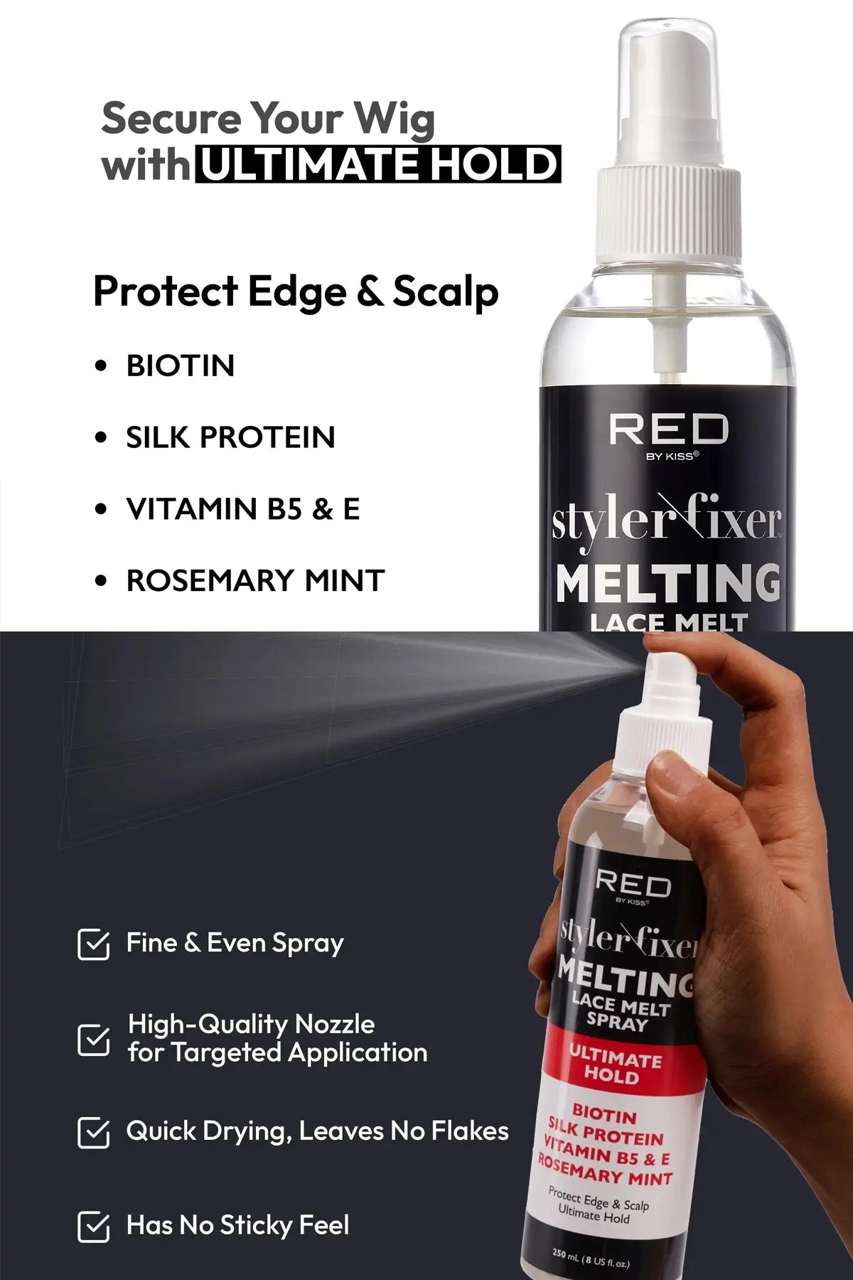 RED BY KISS STYLER FIXER MELTING LACE MELT SPRAY -3 HOLD LEVELS RED BEAUTY