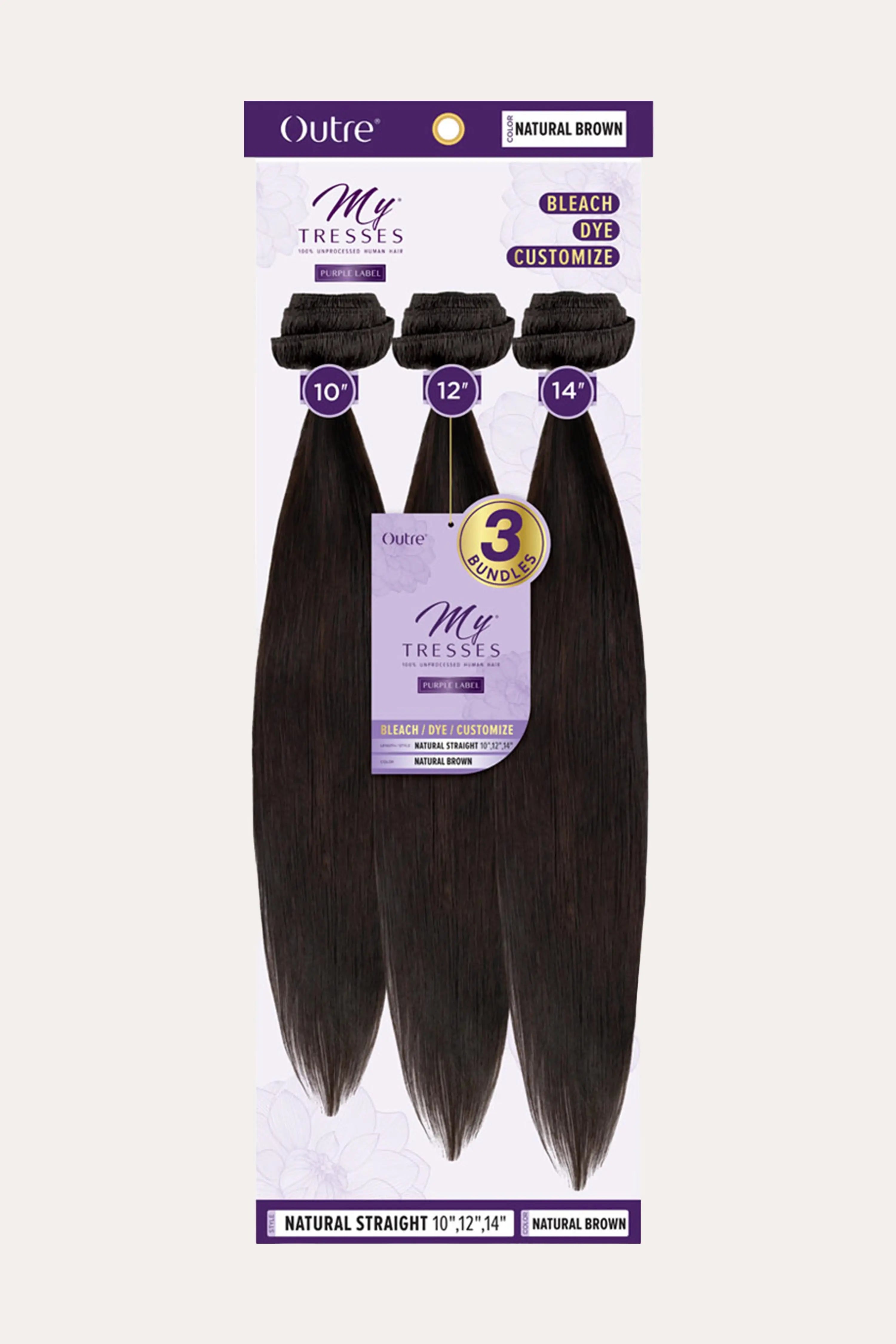 OUTRE MY TRESSES PURPLE LABEL 100% CHEVEUX NATURELS LISSES NON TRAITÉS 3 PIÈCES