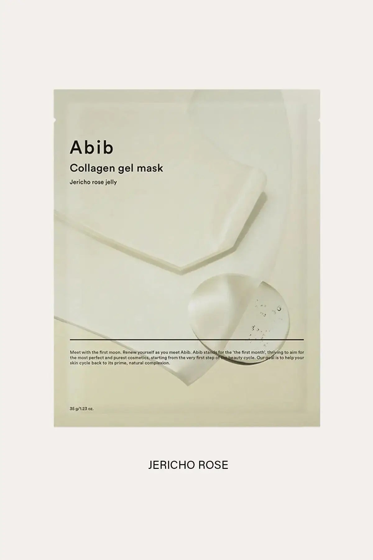 Front view of Abib Collagen Gel Mask Jericho Rose Jelly pack (1.23 oz) in a warm neutral tone; Hydrogel Sheet Mask packaging shown on a minimal background.