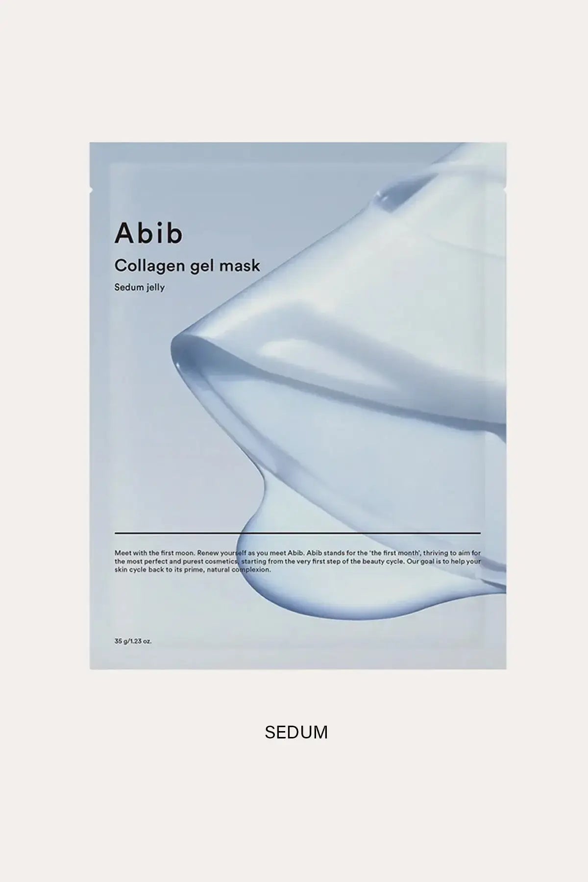 Front view of Abib Collagen Gel Mask Sedum Jelly pack (1.23 oz) with a translucent gel-like visual; Hydrogel Sheet Mask product packaging on a neutral background.