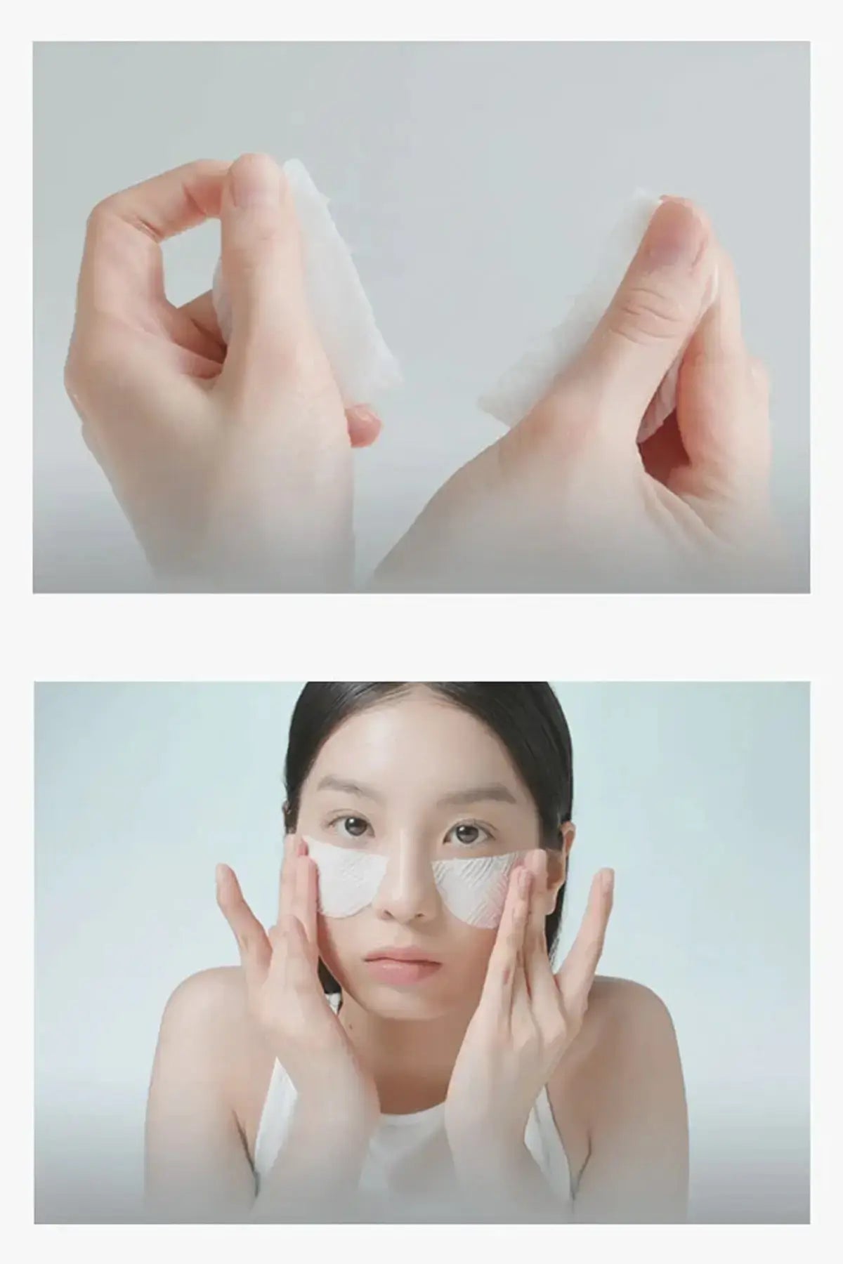 Model applying Daily Peel Pads to cheeks with close-up showing pad texture and flexibility for daily skincare routine