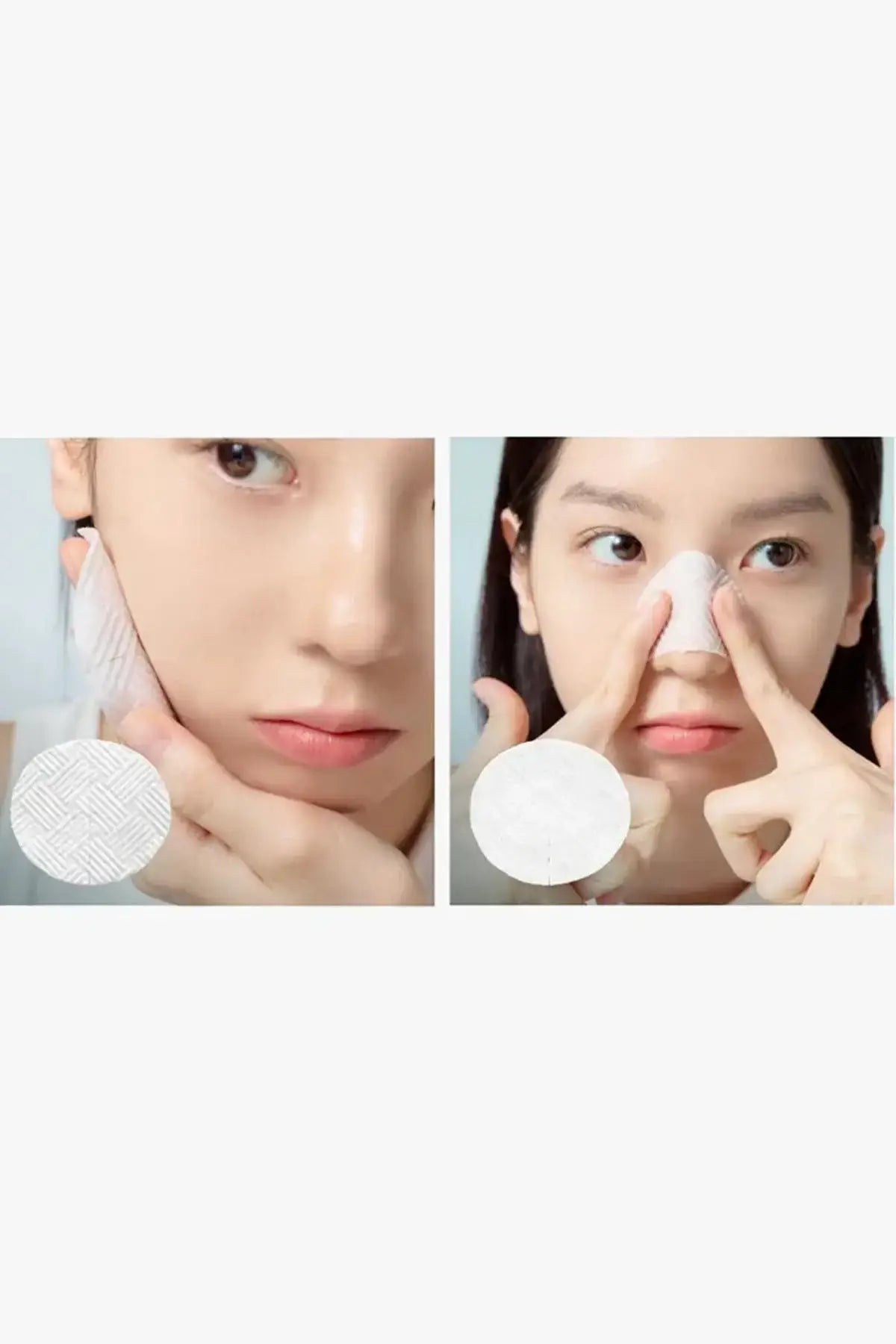 Close-up of textured Gentle Exfoliating Pads applied to cheeks and nose area with embossed surface detail shown