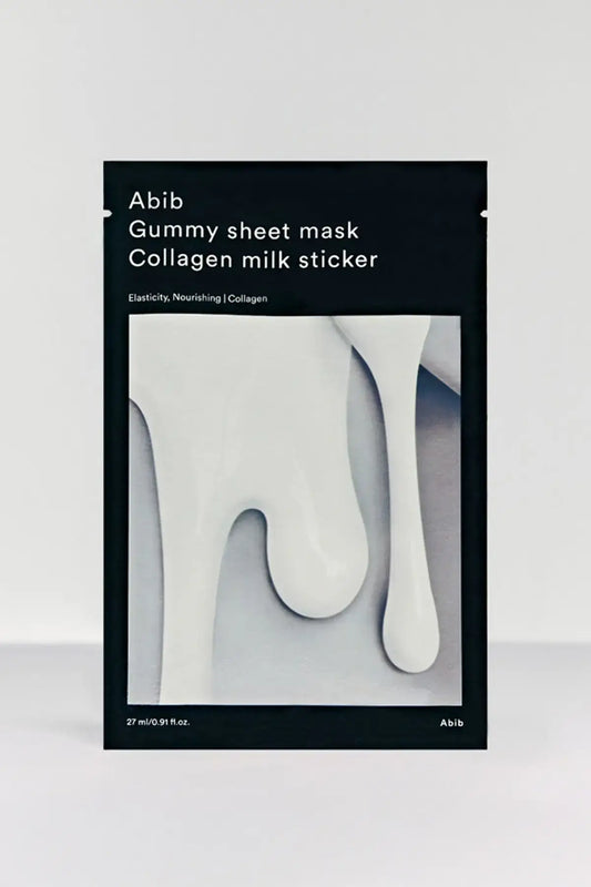 Front view of Abib Gummy Sheet Mask Collagen Milk Sticker pack on a clean white background, Milk Protein FACE Mask style packaging with milk-drip graphic