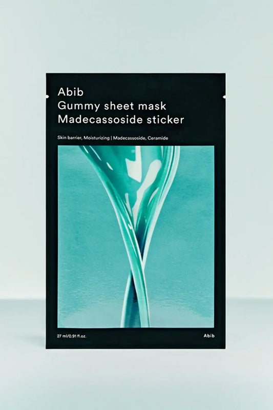 Front view of Abib Gummy Sheet Mask Madecassoside Sticker pack with teal gel graphic and “Madecassoside, Ceramide” text, Ceramide Hydrating Mask