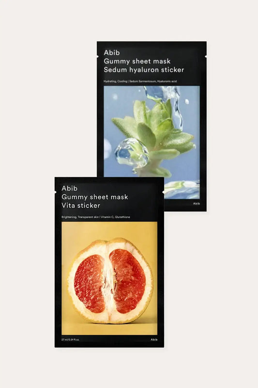 Two Abib Gummy Sheet Mask packs shown together: Sedum hyaluron sticker with watery succulent image and Vita sticker with grapefruit image, Hyaluronic Acid MASK