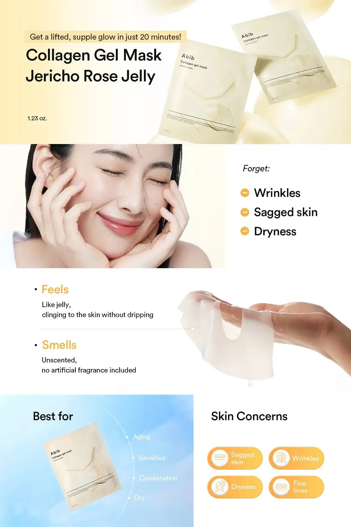 Abib Jericho Rose Jelly Collagen Gel Mask info graphic with product pack images, a model photo, and gel mask texture detail; Hydrogel Sheet Mask presentation for e-commerce.