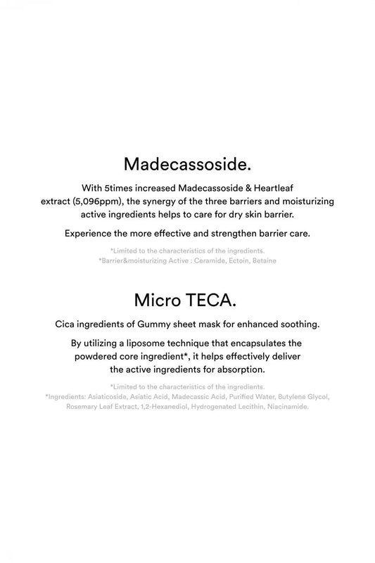 Ingredient and technology information page highlighting “Madecassoside” and “Micro TECA” text for Abib gummy sheet mask, Post Treatment Cica Mask