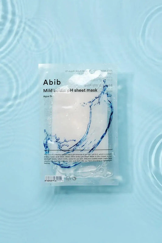 Abib Mild Acidic pH Sheet Mask Aqua Fit displayed on a blue water background with ripple effect, lightweight Nourishing Face Mask for balanced hydration