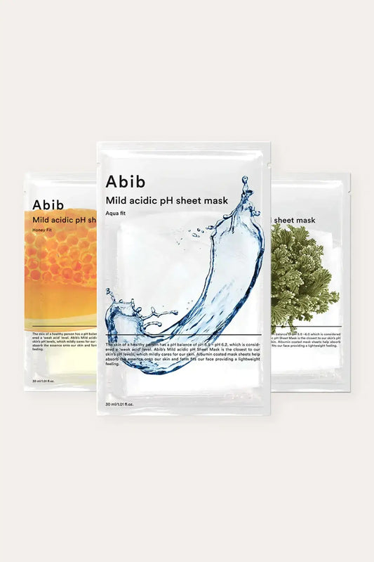 Abib Mild Acidic pH Sheet Mask set featuring Aqua Fit, Honey Fit, and Jericho Rose Fit variants, Nourishing Face Mask collection for daily skincare