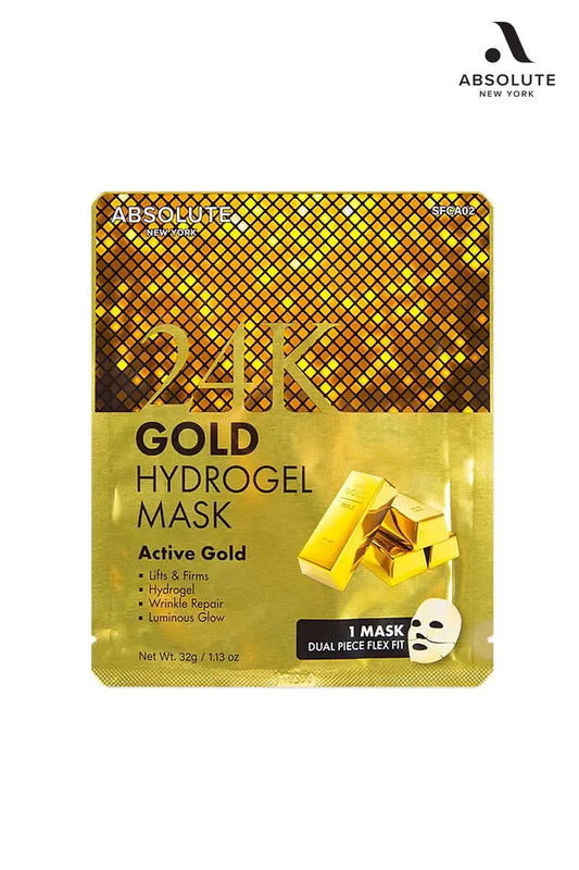 Absolute New York 24K Gold Hydrogel Mask pouch (front view), Instant Glow Mask, single sheet mask packaging on white background