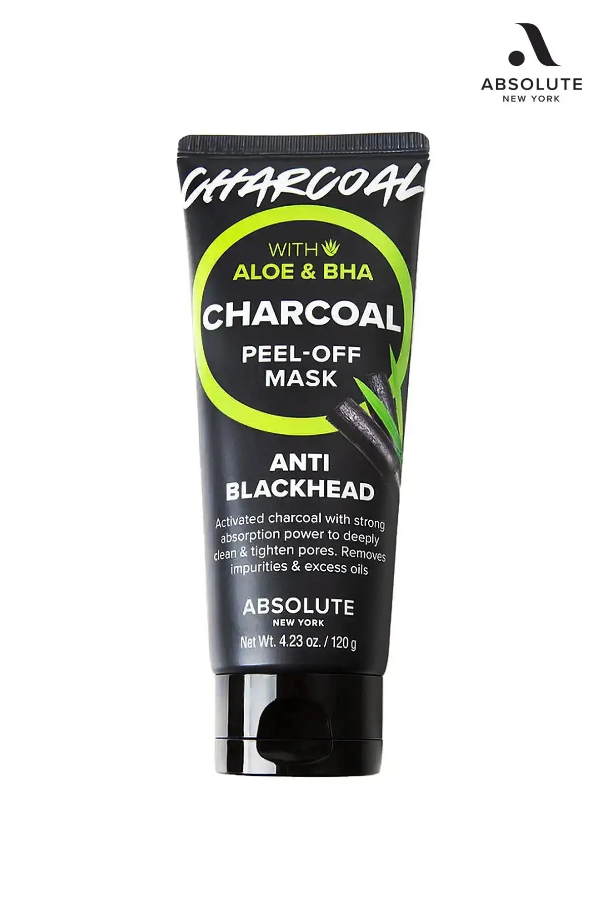 “Absolute New York Charcoal Peel-Off Mask Anti Blackhead, Deep Cleansing Mask for OILY SKIN, 120g tube front view.”