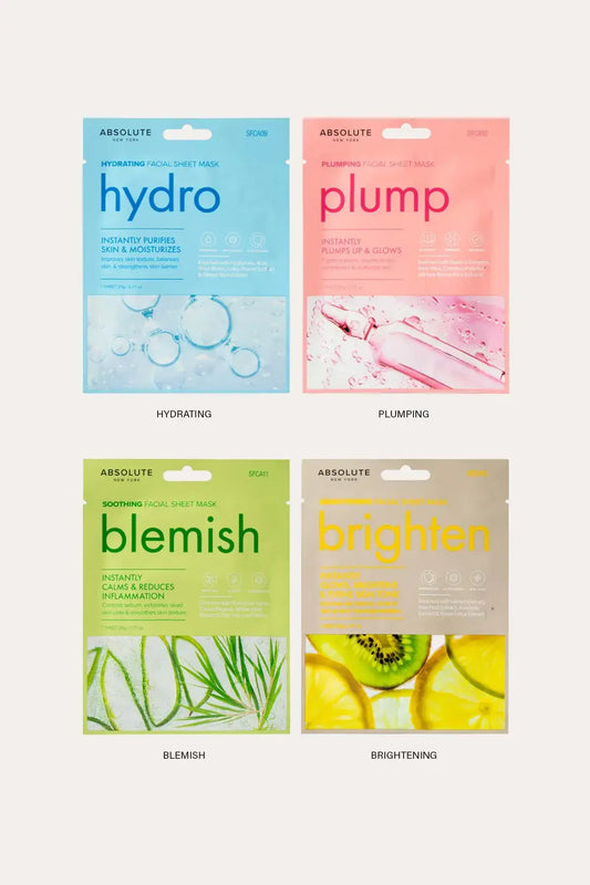 Four Absolute New York facial sheet masks shown in a grid (Hydrating Hydro, Plumping Plump, Soothing Blemish, Brightening Brighten) — Daily Face Mask set for Target Skincare face Mask style browsing in Canada