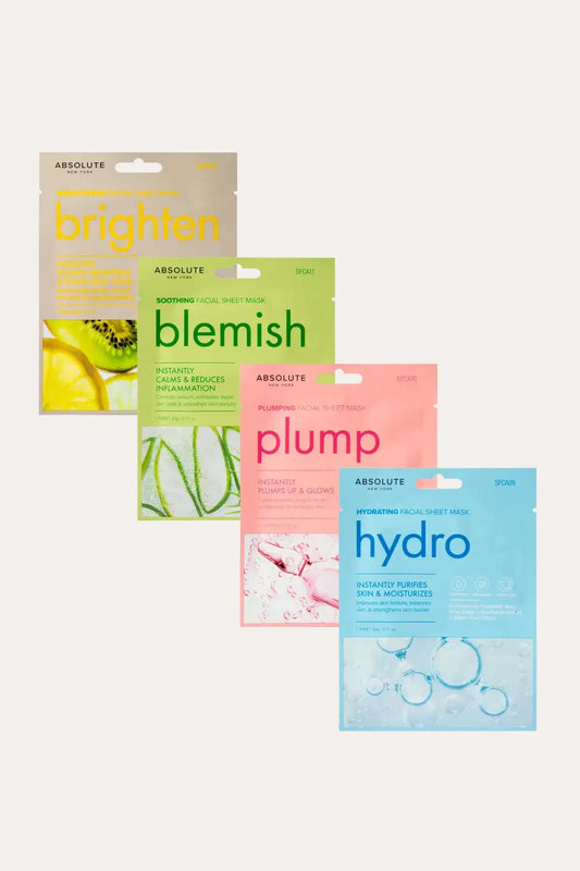 Absolute New York facial sheet mask set with hydro, plump, blemish, and brighten packs displayed together — Cruelty Free face Mask option for daily skincare in Canada