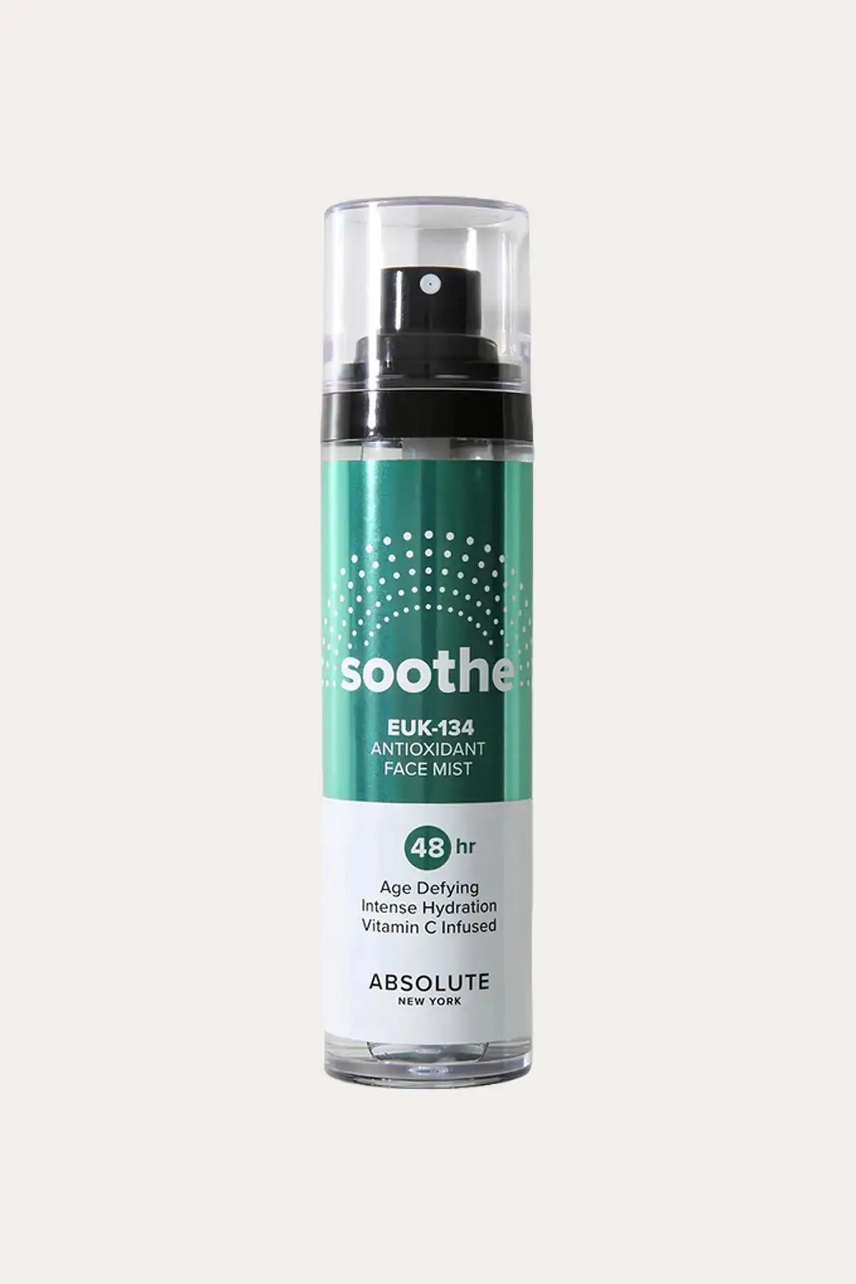 “Absolute New York Soothe EUK-134 Antioxidant Face Mist spray bottle, Soothing Mist for FACE, front label shown.”