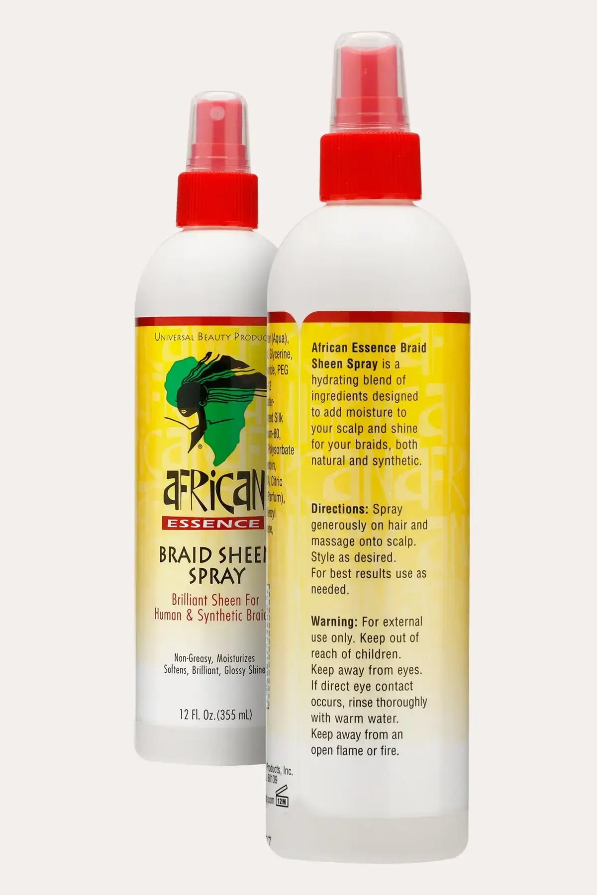 Two bottles of African Essence Braid Sheen Spray 12 fl oz (355 mL) showing front and back labels, Glossy Finish hair spray for braids with lightweight shine.