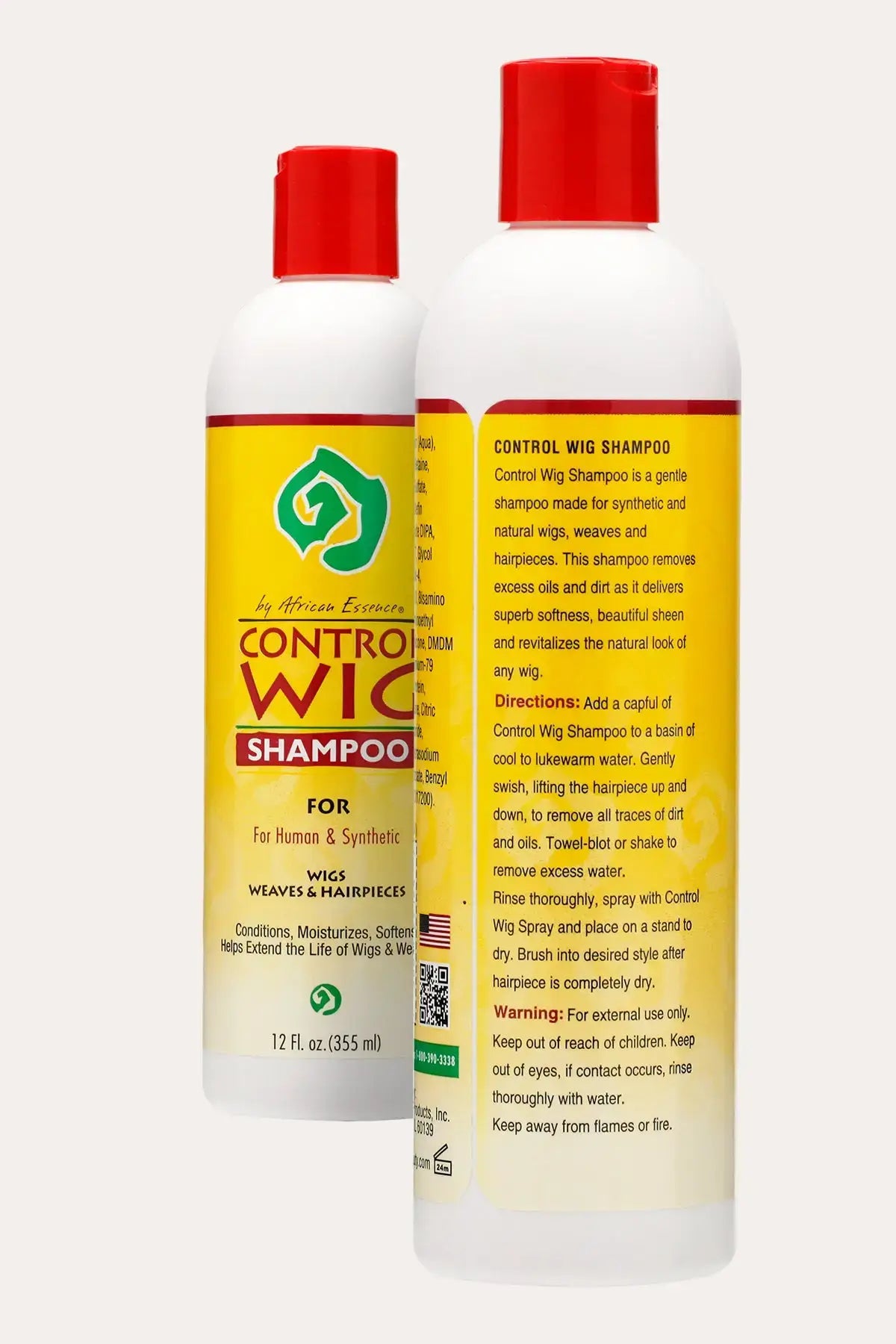 Two bottles of African Essence Control Wig Shampoo 12 fl oz (355 mL) showing front and back labels; gentle cleansing designed to help revive old wigs and refresh the look of wigs and weaves.