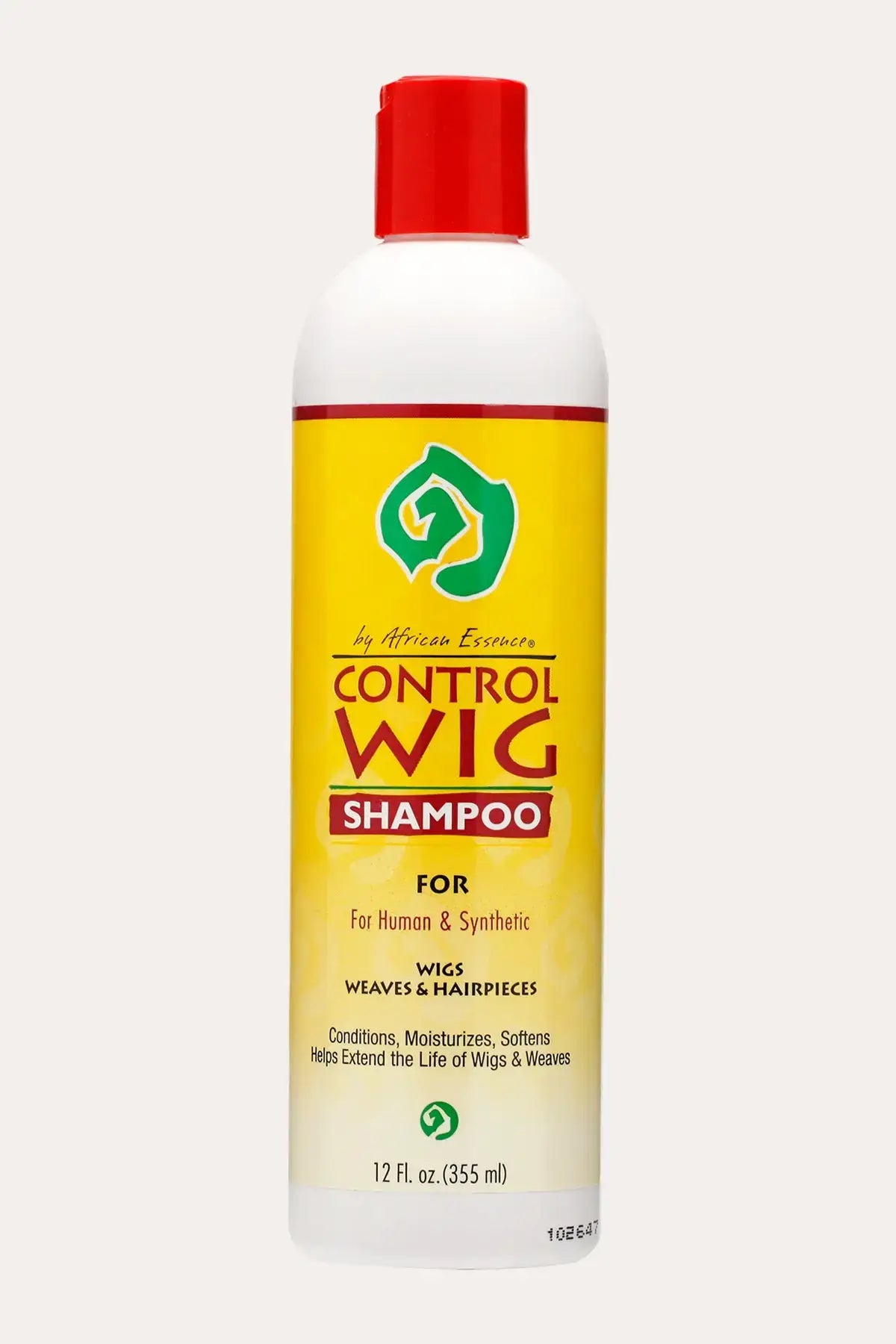 African Essence Control Wig Shampoo 12 fl oz (355 mL) bottle front view, a Softening Shampoo for human and synthetic wigs, weaves, and hairpieces.