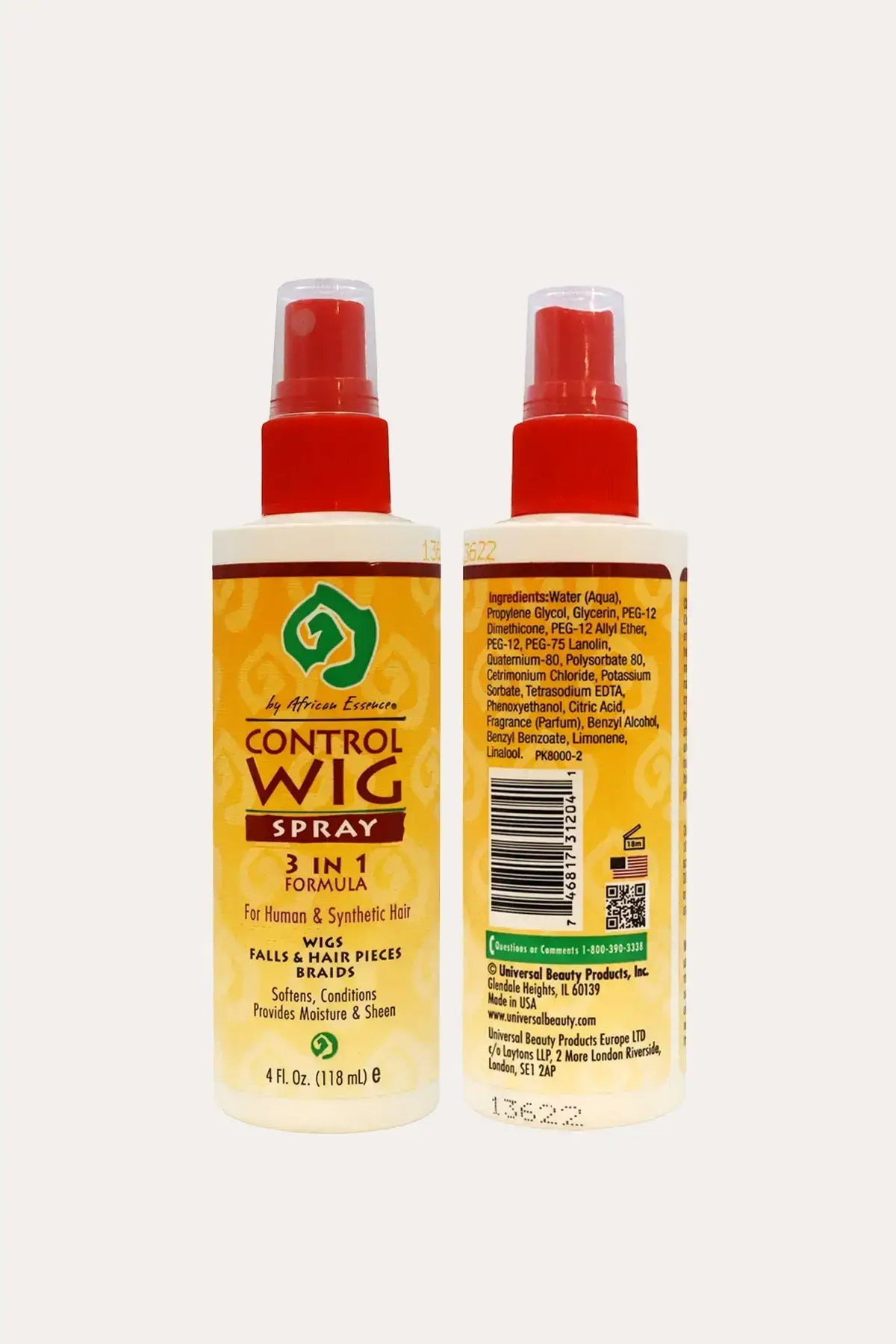 African Essence Control Wig Spray 3-in-1 Formula 4 fl oz (118 mL), softening spray for hair to help maintain wigs and synthetic or human hair pieces, front and back label