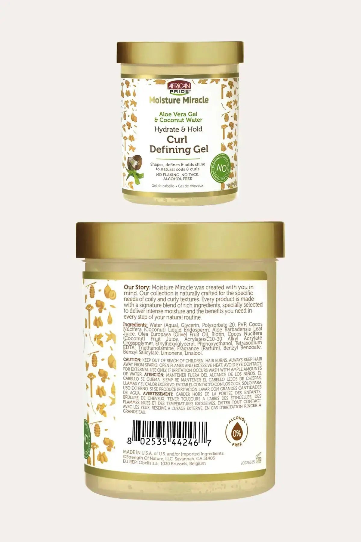 “Front and back view of African Pride Moisture Miracle Aloe Vera Gel & Coconut Water Curl Defining Gel, Frizz Control Gel, ingredients label shown.”