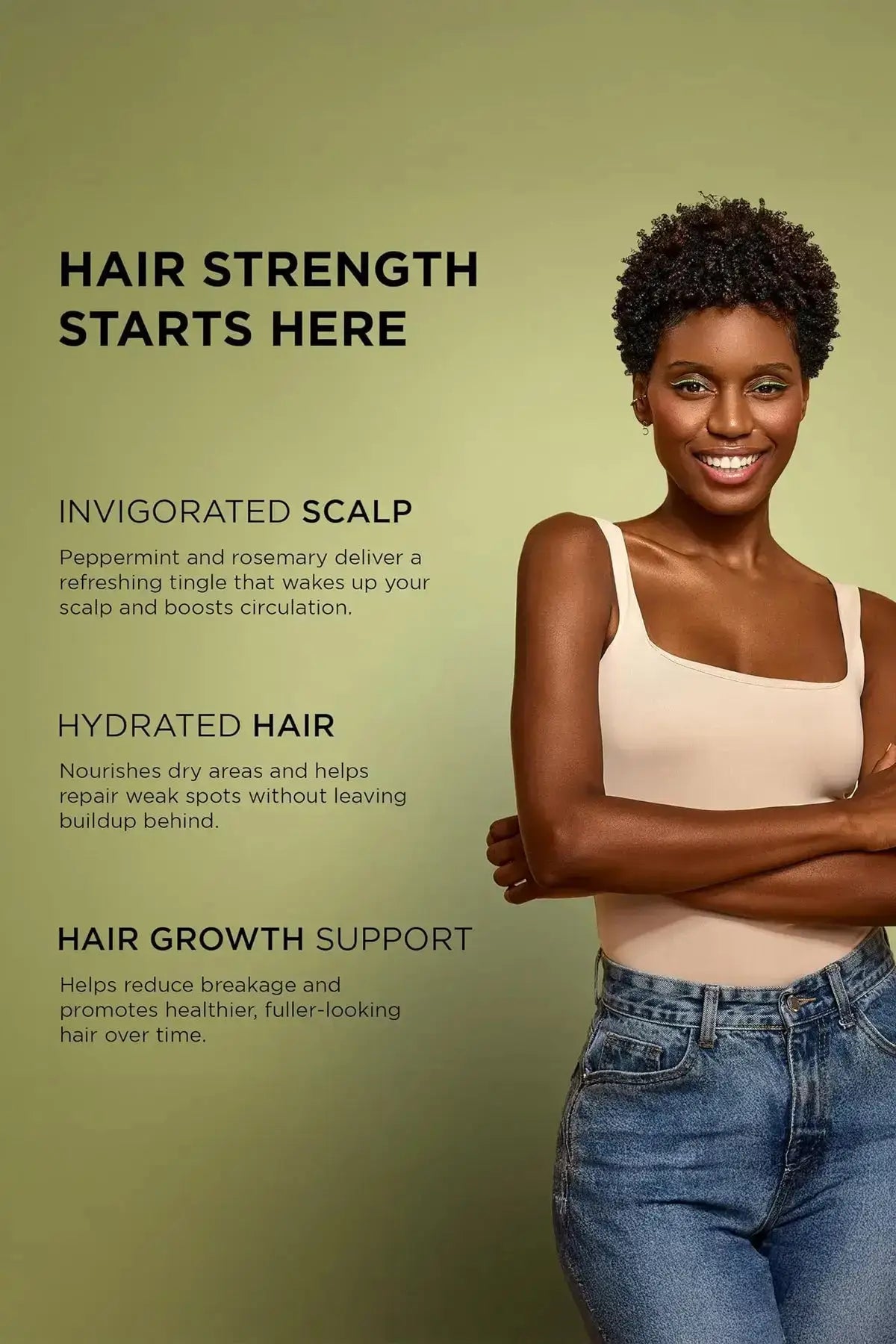 Promotional banner for African Pride Feel It Formula Strengthening Oil with model and product benefits text – Hot Oil Treatment for Dry Scalp