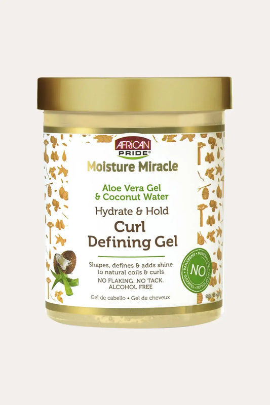 “African Pride Moisture Miracle Aloe Vera Gel & Coconut Water Curl Defining Gel jar, Lightweight Curl DefiNING GEL, hydrate and hold for curls.”