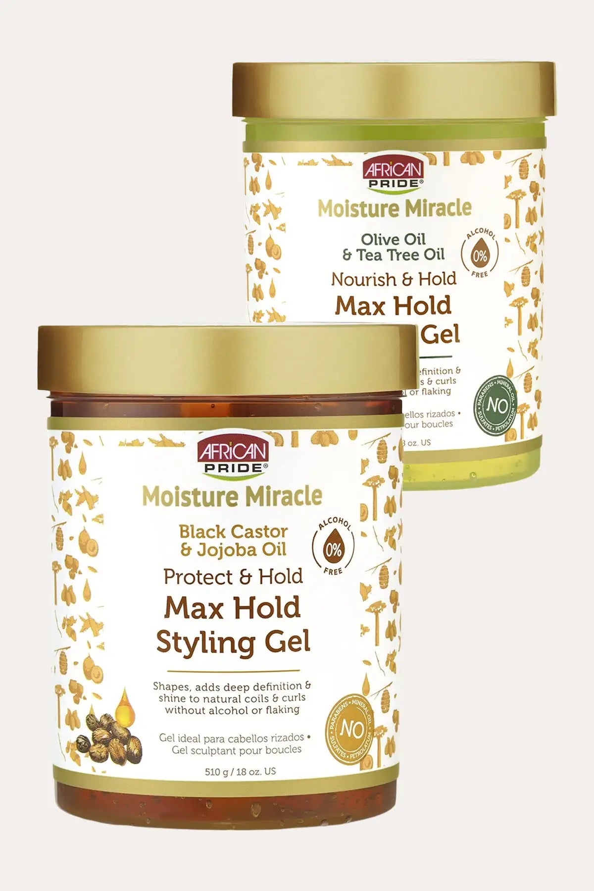 African Pride Moisture Miracle Max Hold Styling Gel duo (Black Castor & Jojoba Oil and Olive Oil & Tea Tree Oil), Non Flaking Styling Gel, front view.