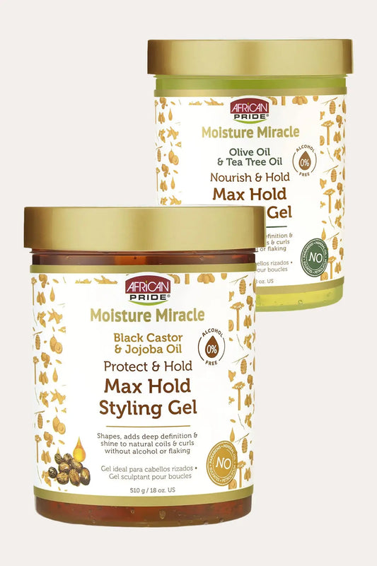 African Pride Moisture Miracle Max Hold Styling Gel duo (Black Castor & Jojoba Oil and Olive Oil & Tea Tree Oil), Non Flaking Styling Gel, front view.