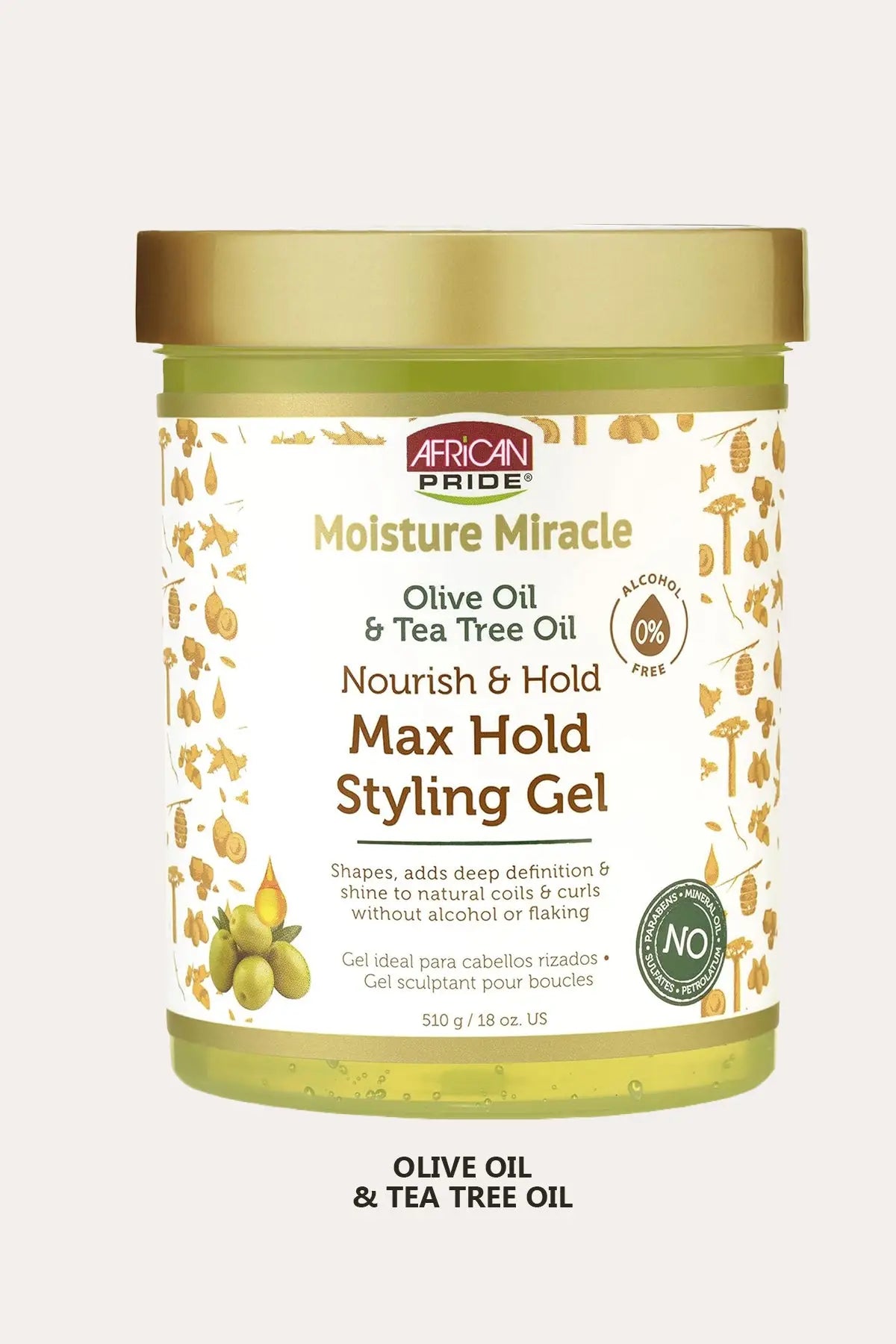 African Pride Moisture Miracle Olive Oil & Tea Tree Oil Max Hold Styling Gel, Frizz Control Gel, front label.