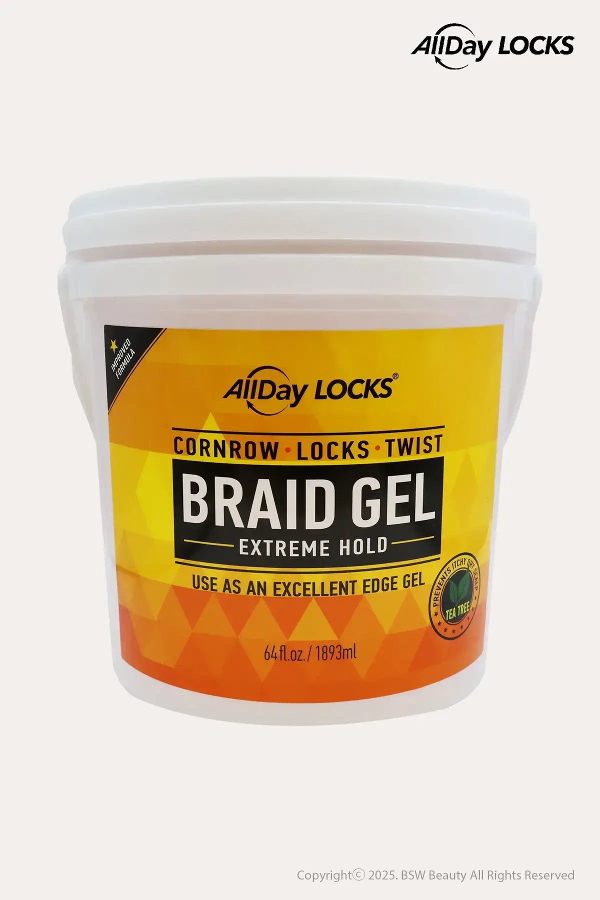 AllDay Locks Braid Gel Extreme Hold 64 fl oz tub, Flake Free BraidING Gel keyword styling product, front label on white background.