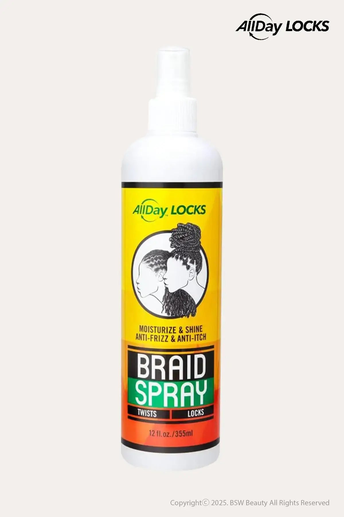 AllDay Locks Braid Spray 12 fl oz (355 mL) bottle on a light background, Frizz Control and Shine Spray for braids, twists, and locks.